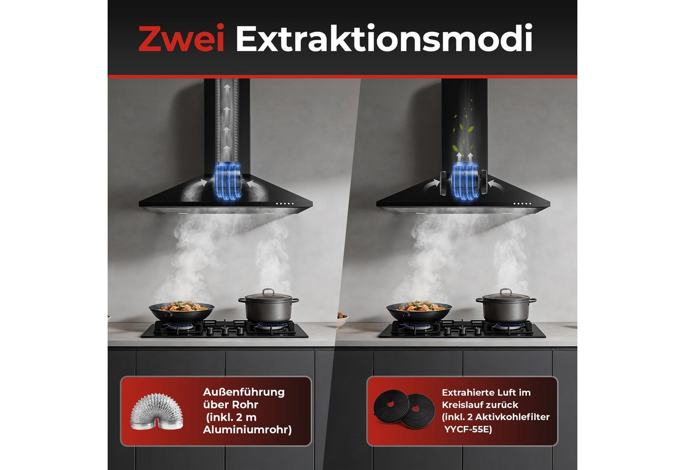 SNDOAS Kopffreihaube Dunstabzugshaube, Edelstahl – Wandhaube inkl. Aktivkohlefilter, A+++ Konvertierbar Abluft/Umluft inkl. Aktivkohlefilter, 60cm, 400m³/h Bild 3