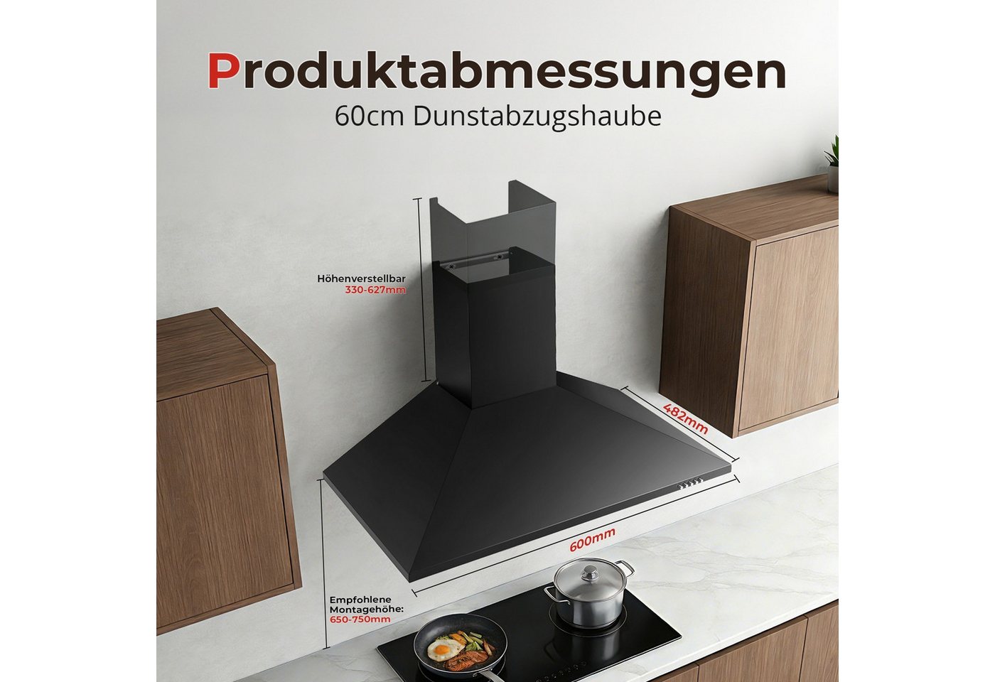 SNDOAS Kopffreihaube Dunstabzugshaube, Edelstahl – Wandhaube inkl. Aktivkohlefilter, A+++ Konvertierbar Abluft/Umluft inkl. Aktivkohlefilter, 60cm, 400m³/h Bild 4