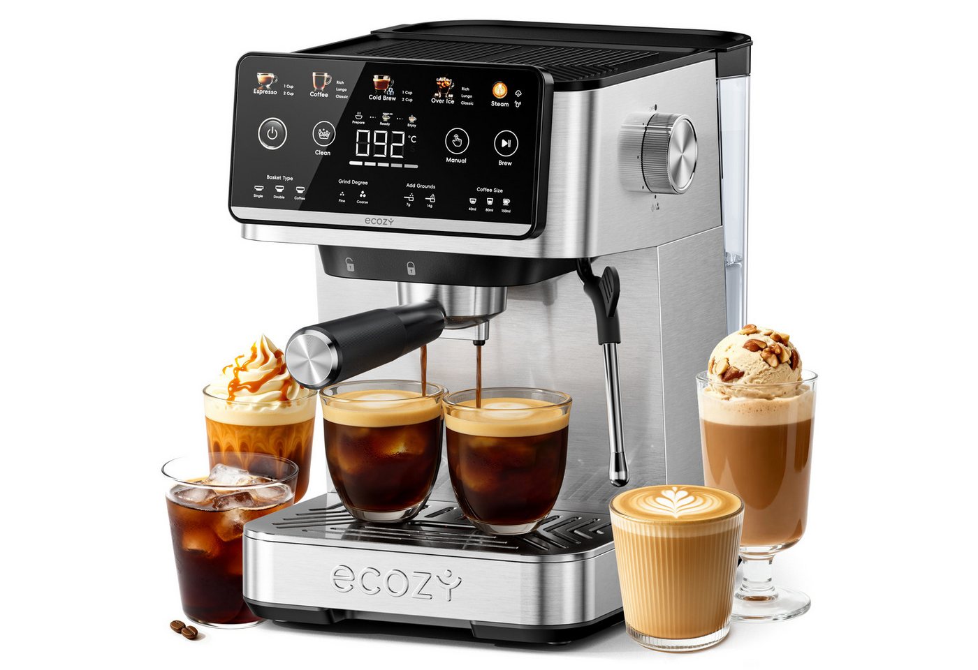 eCozy Espressomaschine mit Milchaufschäumer, Interaktiver Touchscreen, 4-in-1 Siebträgermaschine für Espresso, Kaffee, Cold Brew, Over Ice, Cappuccino, Latte, Siebfilter, One-Touch-Selbstreinigung, Schnelle Aufheizzeit