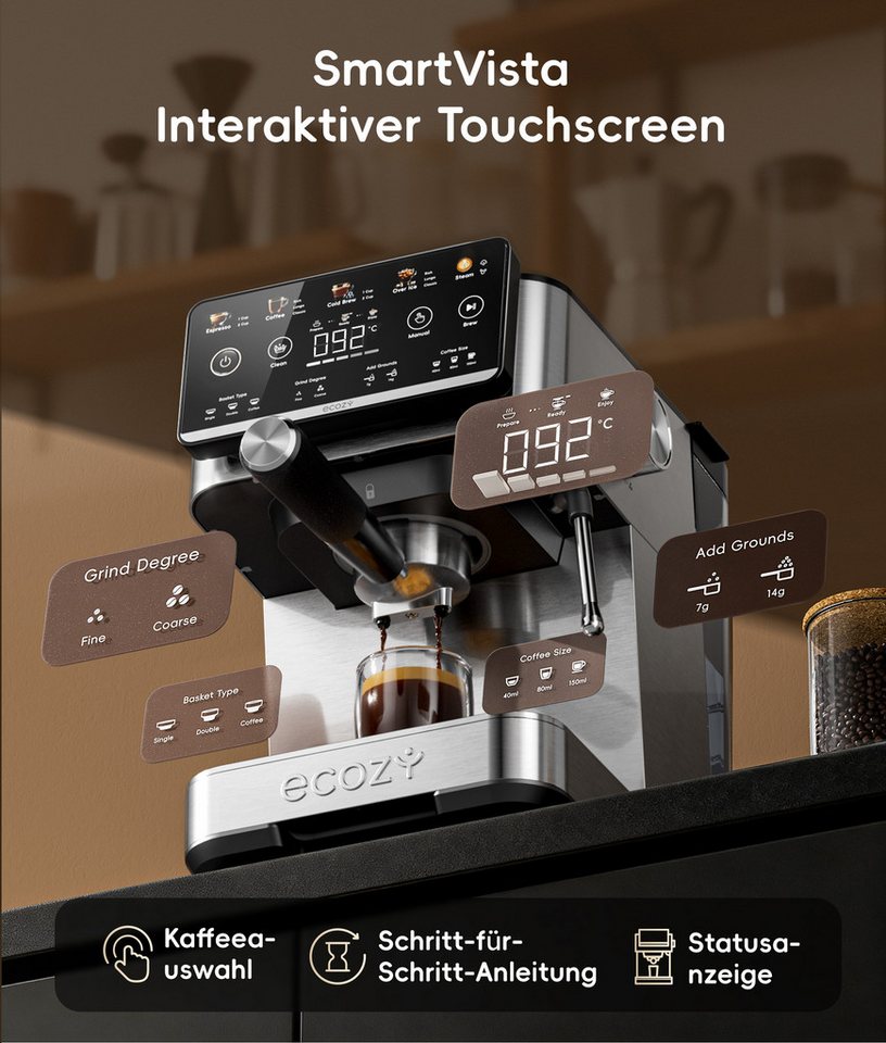 eCozy Espressomaschine mit Milchaufschäumer, Interaktiver Touchscreen, 4-in-1 Siebträgermaschine für Espresso, Kaffee, Cold Brew, Over Ice, Cappuccino, Latte, Siebfilter, One-Touch-Selbstreinigung, Schnelle Aufheizzeit Bild 2