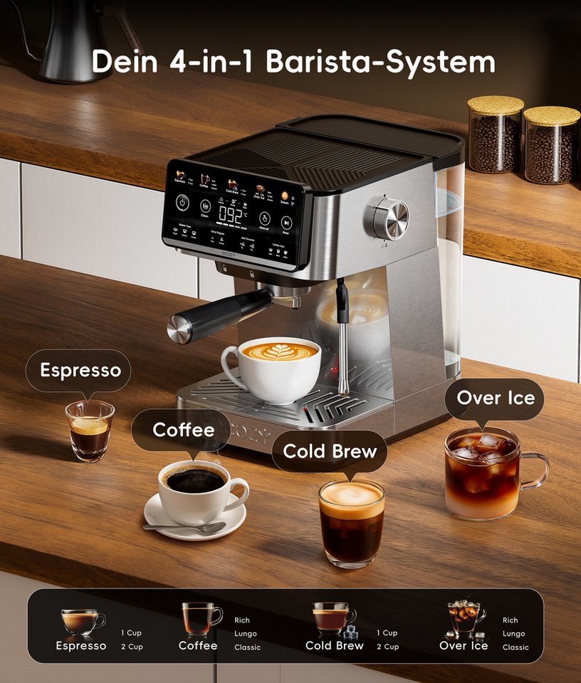 eCozy Espressomaschine mit Milchaufschäumer, Interaktiver Touchscreen, 4-in-1 Siebträgermaschine für Espresso, Kaffee, Cold Brew, Over Ice, Cappuccino, Latte, Siebfilter, One-Touch-Selbstreinigung, Schnelle Aufheizzeit Bild 3