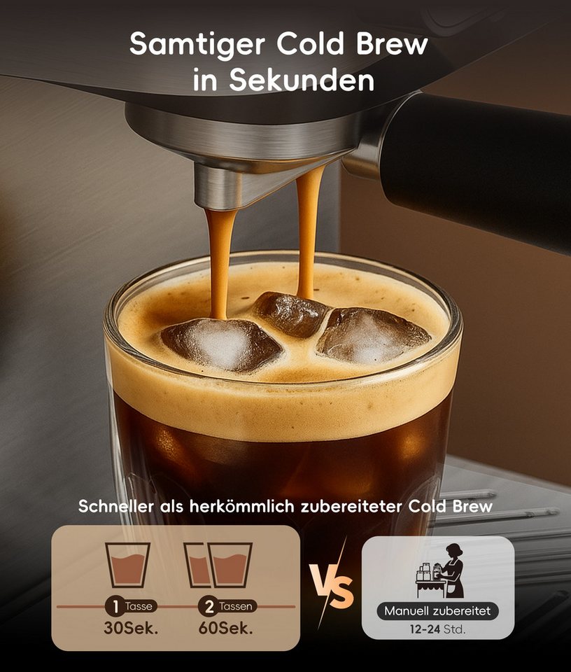 eCozy Espressomaschine mit Milchaufschäumer, Interaktiver Touchscreen, 4-in-1 Siebträgermaschine für Espresso, Kaffee, Cold Brew, Over Ice, Cappuccino, Latte, Siebfilter, One-Touch-Selbstreinigung, Schnelle Aufheizzeit Bild 4