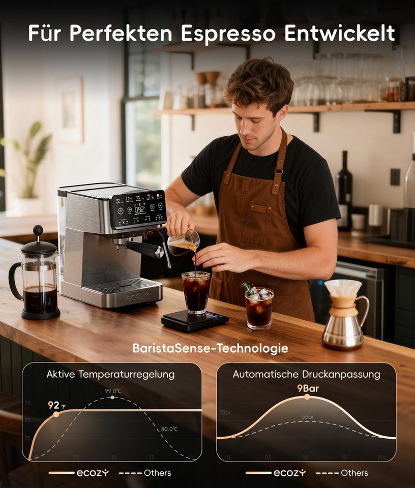 eCozy Espressomaschine mit Milchaufschäumer, Interaktiver Touchscreen, 4-in-1 Siebträgermaschine für Espresso, Kaffee, Cold Brew, Over Ice, Cappuccino, Latte, Siebfilter, One-Touch-Selbstreinigung, Schnelle Aufheizzeit Bild 5