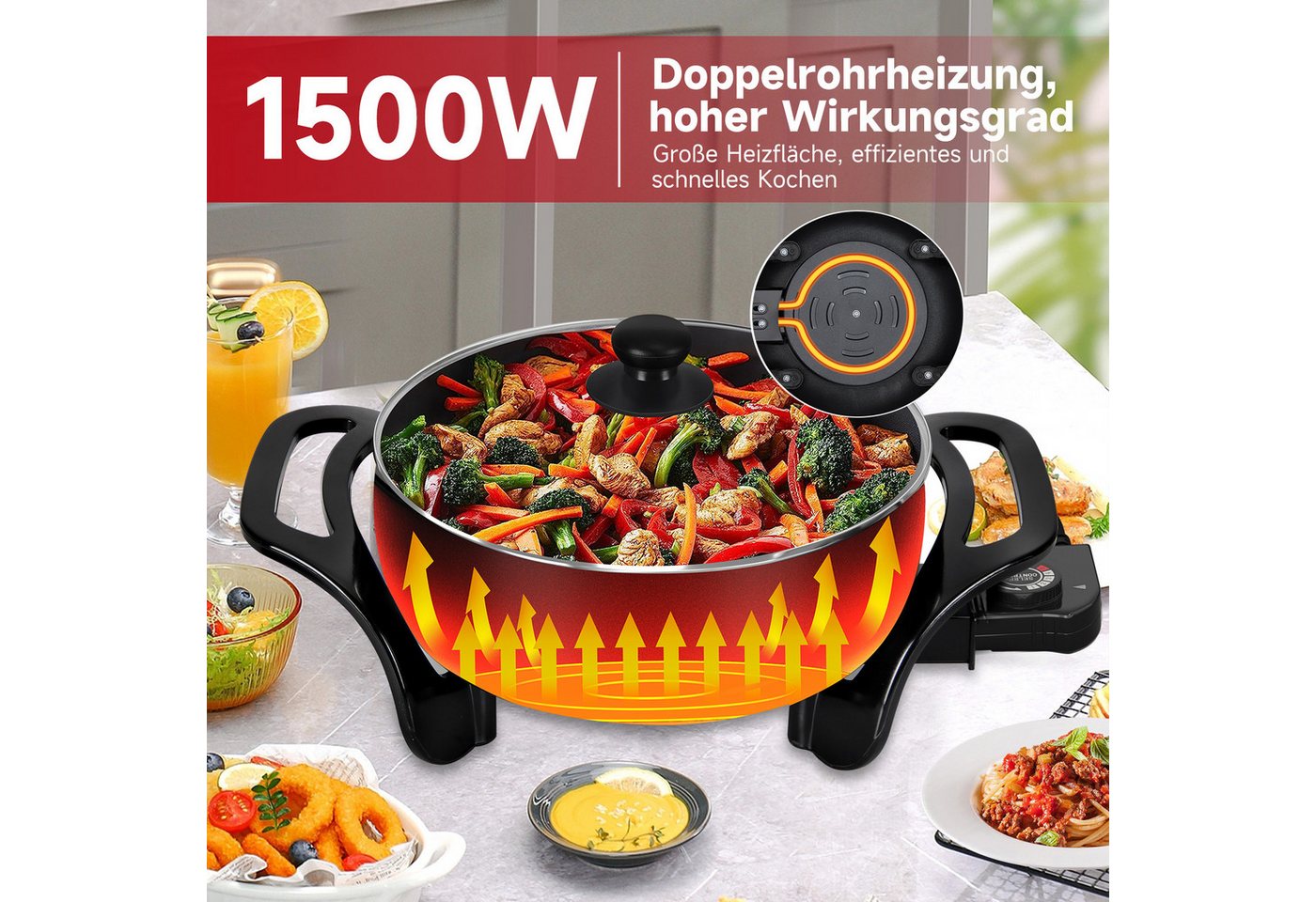 Scheffler Elektrische Wokpfanne 5L Elektrische pfanne, 1500W, 1500 W, 5 Temperatureinstellungen Bild 4
