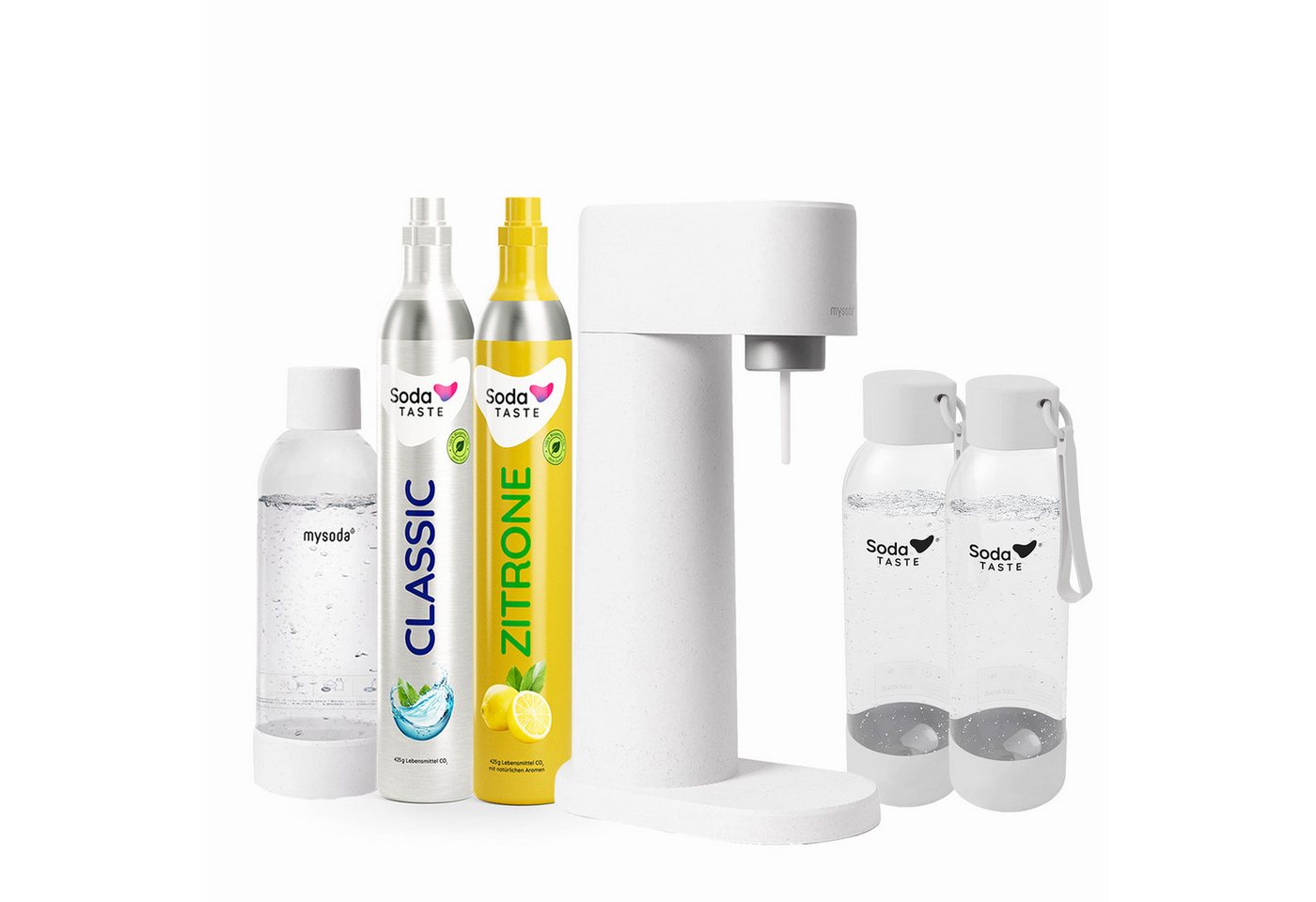 SodaTASTE Wassersprudler Mysoda Woody Wassersprudler – Premium Family-Set (Weiß), Biokomposit, 3x Flasche, Classic-Zylinder, Zitrone-Aroma Bild 3