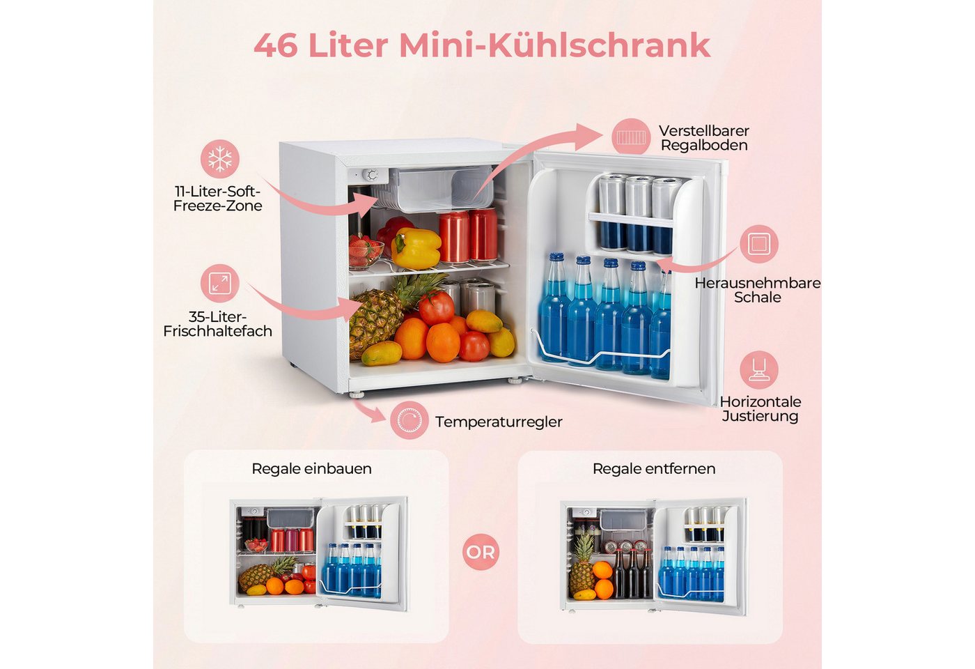 FOHERE Table Top Kühlschrank 46L Mini-Kühlschrank, Bier Hausbar Getränkekühlschrank Hotel, Weiß BC-46, 50 cm hoch, 49.53 cm breit Bild 2