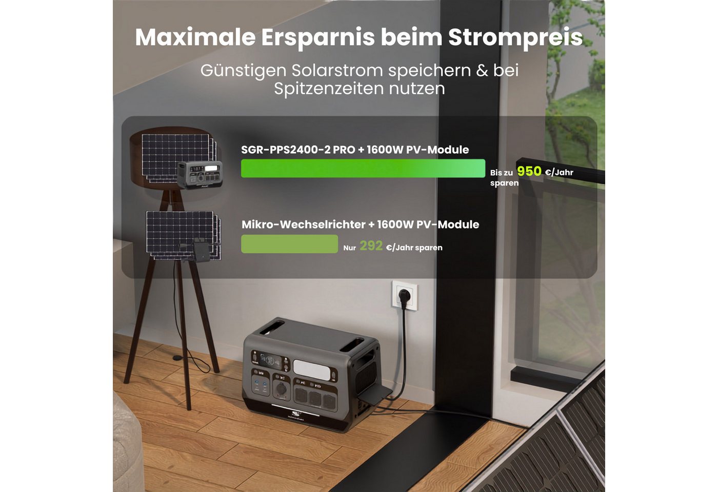 Sunstone Power 2kWh Balkonkraftwerk Speicher 800W Einspeisung Powerstation Plug&Play Solar Powerbank VDE-zertifizierter Einspeisung, für 1600W PV geeignet, Zyklenfeste LiFePO₄-Batterien (51,2 V), Wahlweise 2-Stunden-Schnellladung oder geräuschloses Laden
