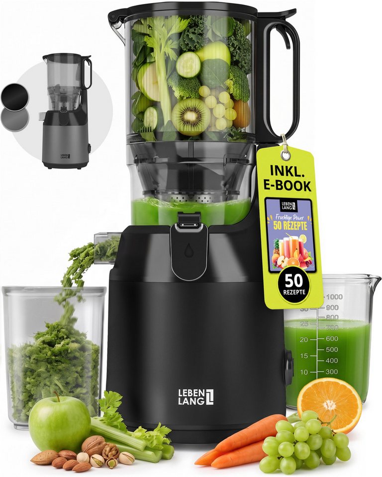 Lebenlang Slow Juicer Entsafter mit 130-mm-Einfüllöffnung, für ganze Früchte & Gemüse, 250 W, Kaltpress-Technologie, BPA-frei, spülmaschinengeeignet