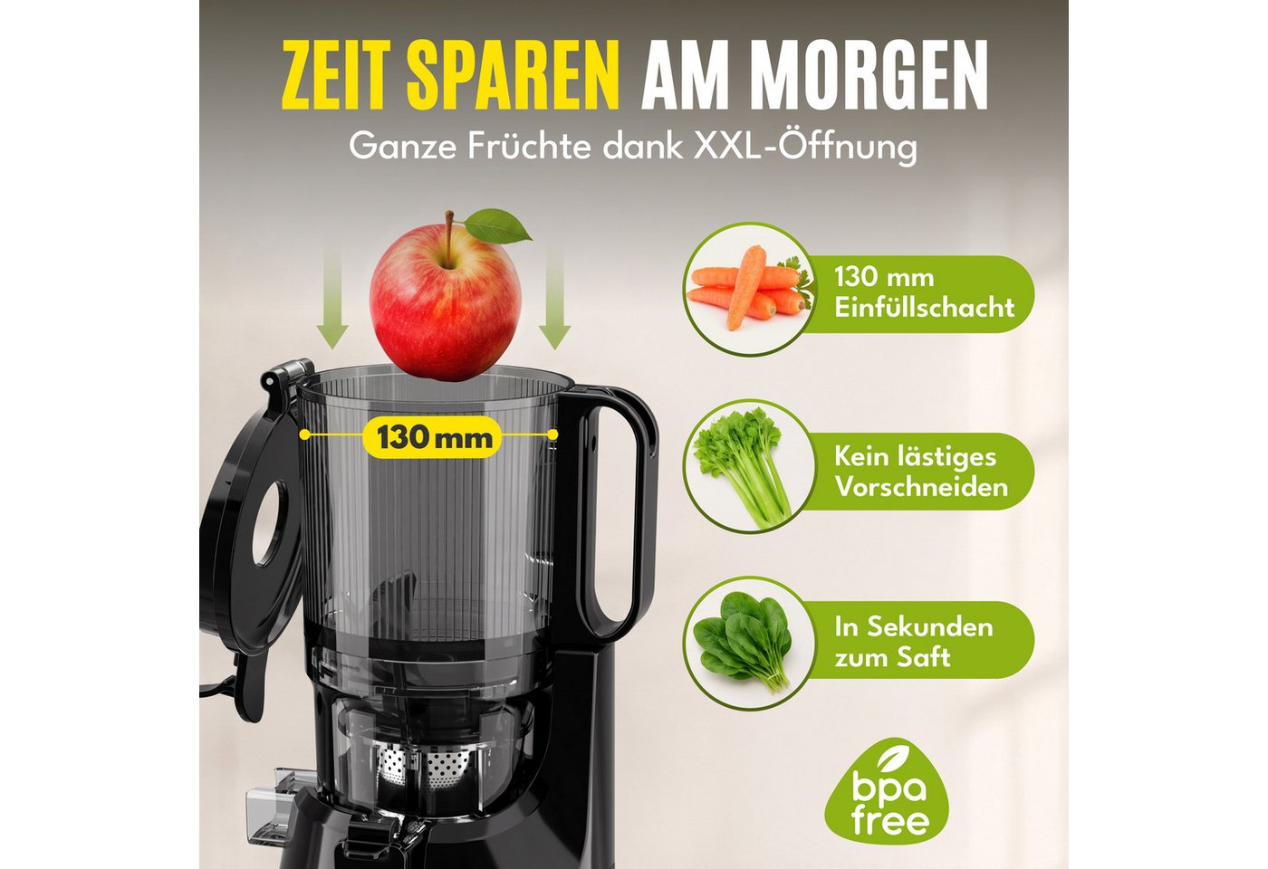 Lebenlang Slow Juicer Entsafter mit 130-mm-Einfüllöffnung, für ganze Früchte & Gemüse, 250 W, Kaltpress-Technologie, BPA-frei, spülmaschinengeeignet Bild 3