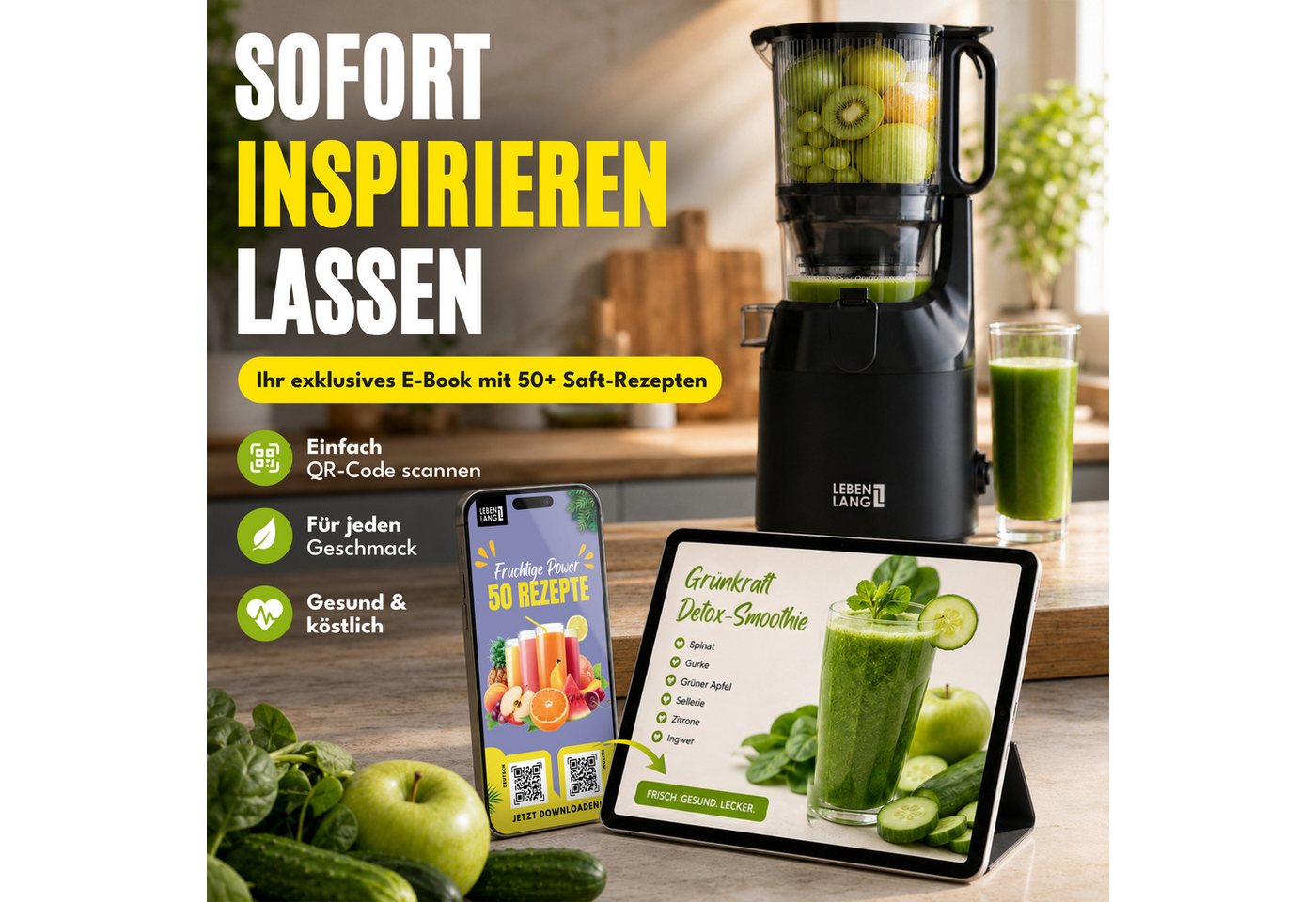 Lebenlang Slow Juicer Entsafter mit 130-mm-Einfüllöffnung, für ganze Früchte & Gemüse, 250 W, Kaltpress-Technologie, BPA-frei, spülmaschinengeeignet Bild 4