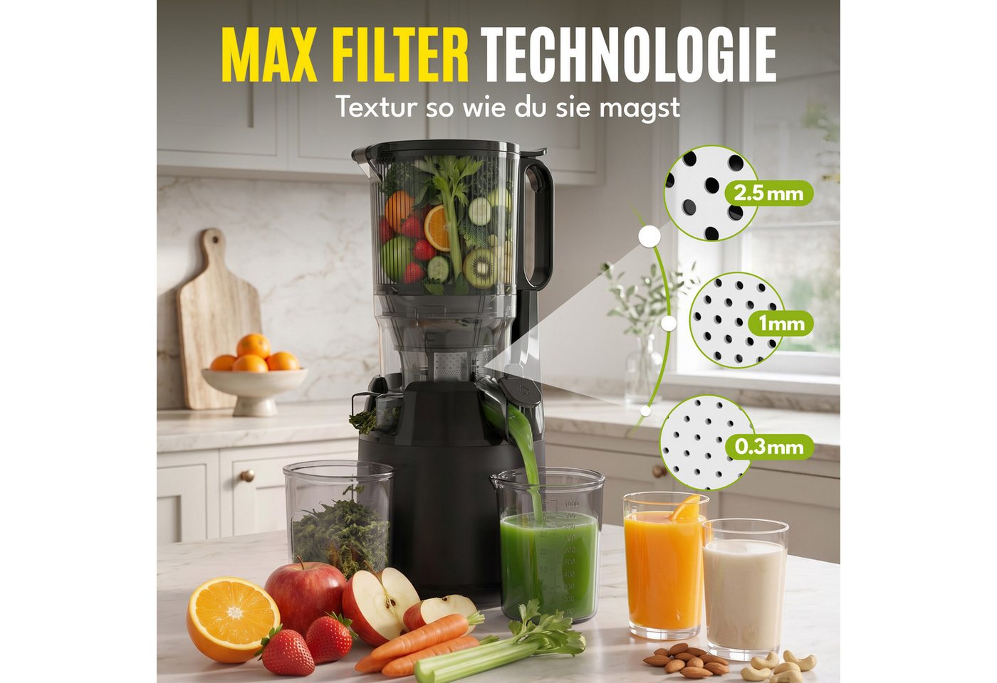 Lebenlang Slow Juicer Entsafter mit 130-mm-Einfüllöffnung, für ganze Früchte & Gemüse, 250 W, Kaltpress-Technologie, BPA-frei, spülmaschinengeeignet Bild 5