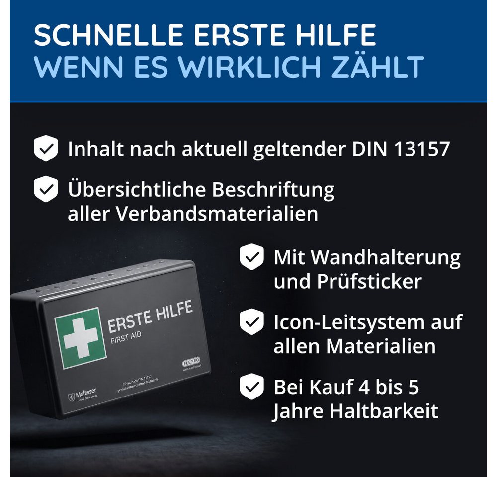 FLEXEO Erste-Hilfe-Koffer DIN 13157, Betriebsverbandkasten inkl. Wandhalterung, grau