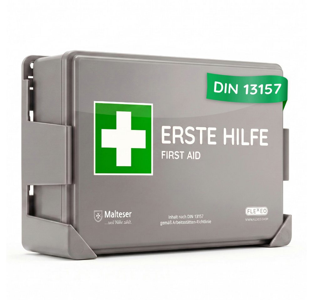 FLEXEO Erste-Hilfe-Koffer DIN 13157, Betriebsverbandkasten inkl. Wandhalterung, grau Bild 2