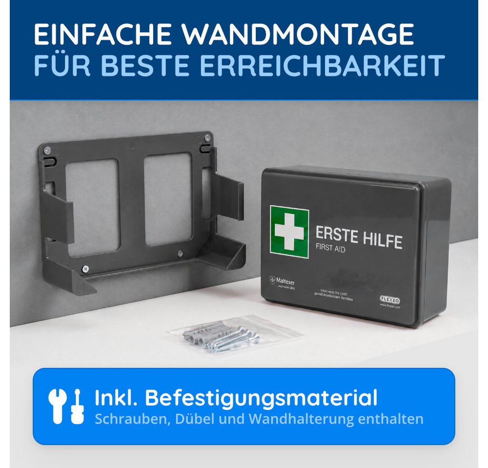 FLEXEO Erste-Hilfe-Koffer DIN 13157, Betriebsverbandkasten inkl. Wandhalterung, grau Bild 3