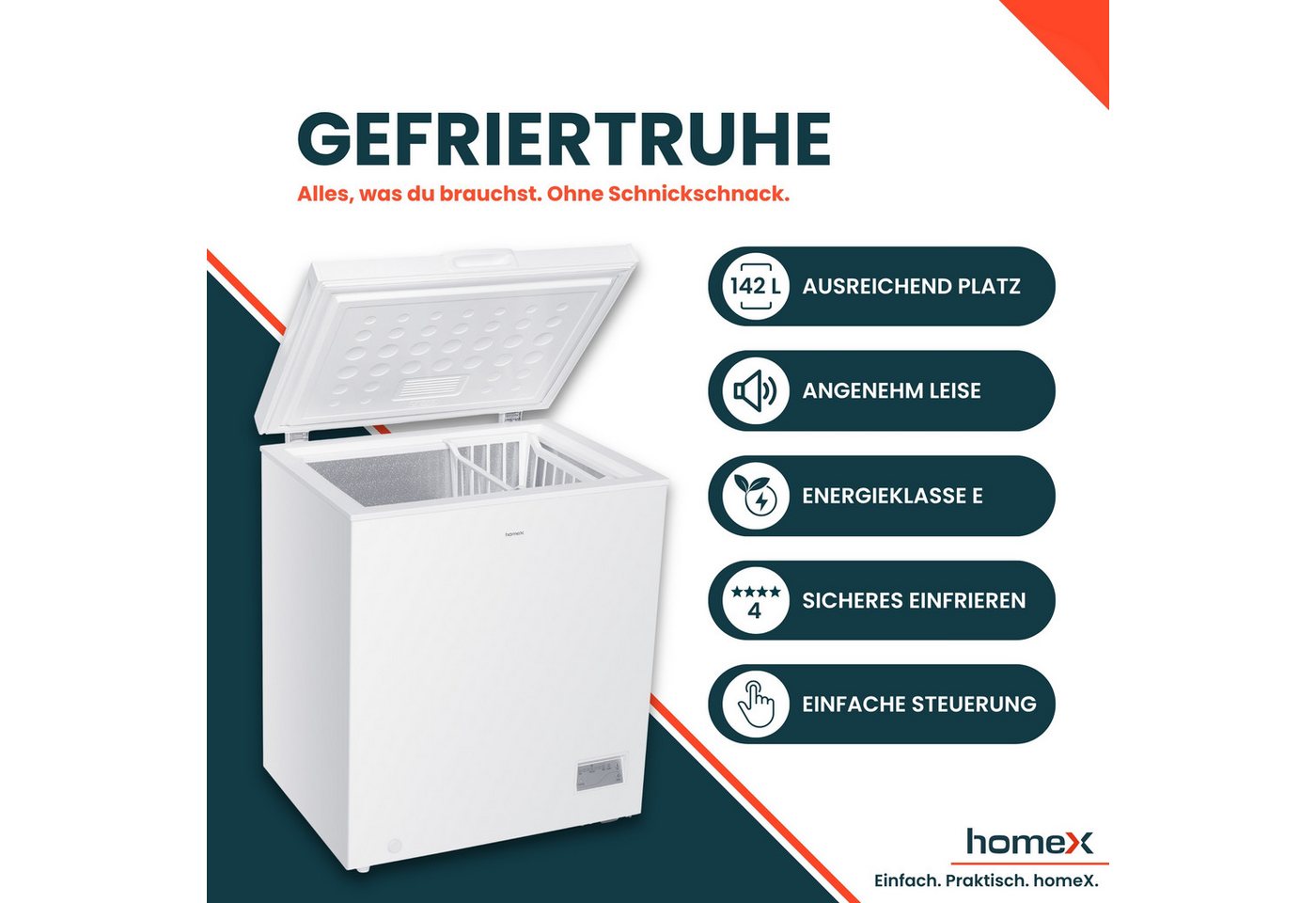 homeX Gefriertruhe FT1421-W, 70.5 cm breit, 142 l, Tiefkühltruhe klein, 142 Liter, Kühltruhe inkl. Ablagekorb, leise