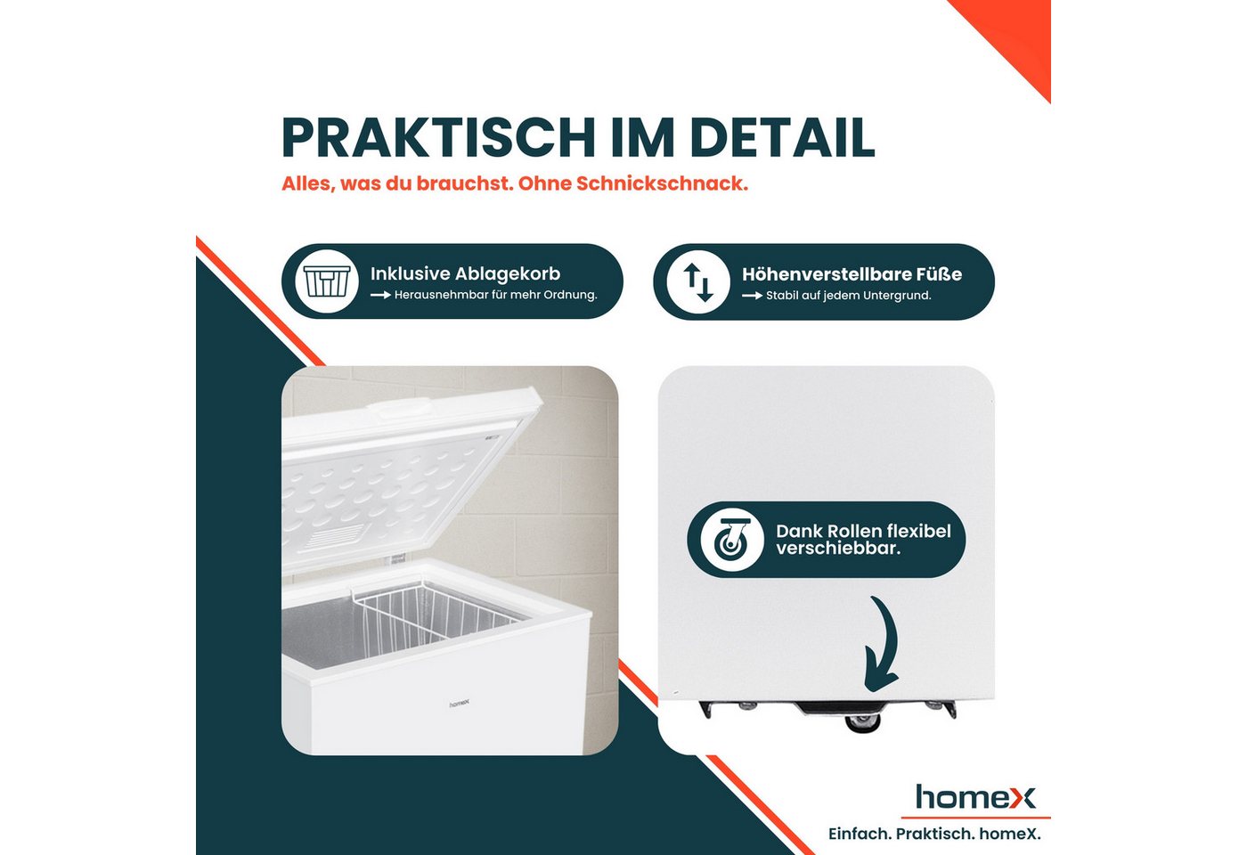 homeX Gefriertruhe FT1421-W, 70.5 cm breit, 142 l, Tiefkühltruhe klein, 142 Liter, Kühltruhe inkl. Ablagekorb, leise Bild 2