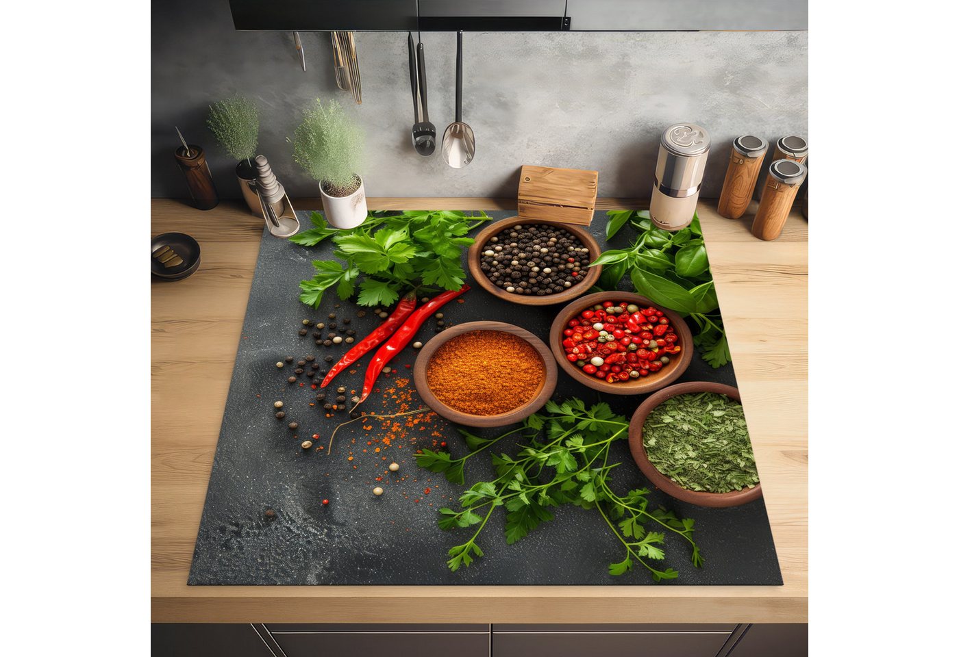MuchoWow Herd-Abdeckplatte Kräuter - Paprika - Betonoptik/print, Vinyl, (1 tlg), Cerankochfeld Abdeckung, Herd Abdeckplatten Vinyl, 58x59 cm Bild 3