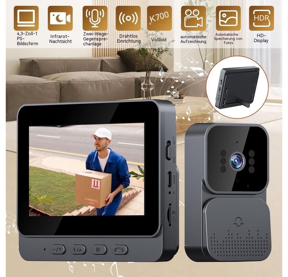 Topcony Überwachungskamera Video-Türsprechanlage Videotürklingel Video Doorbell 4,3 Zoll kabellos (Außen, Innen, Türklingel-Kamera, kabellos, mit Monitor, Video Gegensprechanlage mit 11cm Zwei-Wege-Audio, großem Bildschirm, Telefon-Sicherheitskamera) Bild 2