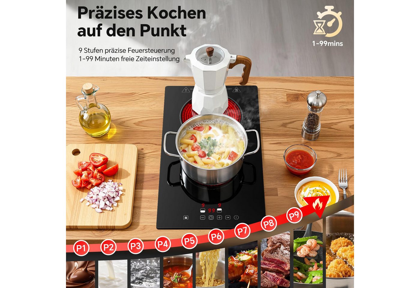 SNDOAS Elektro-Kochfeld, Glaskeramikkochfeld 2 Platten 3000W Touch‑Steuerung Bild 3