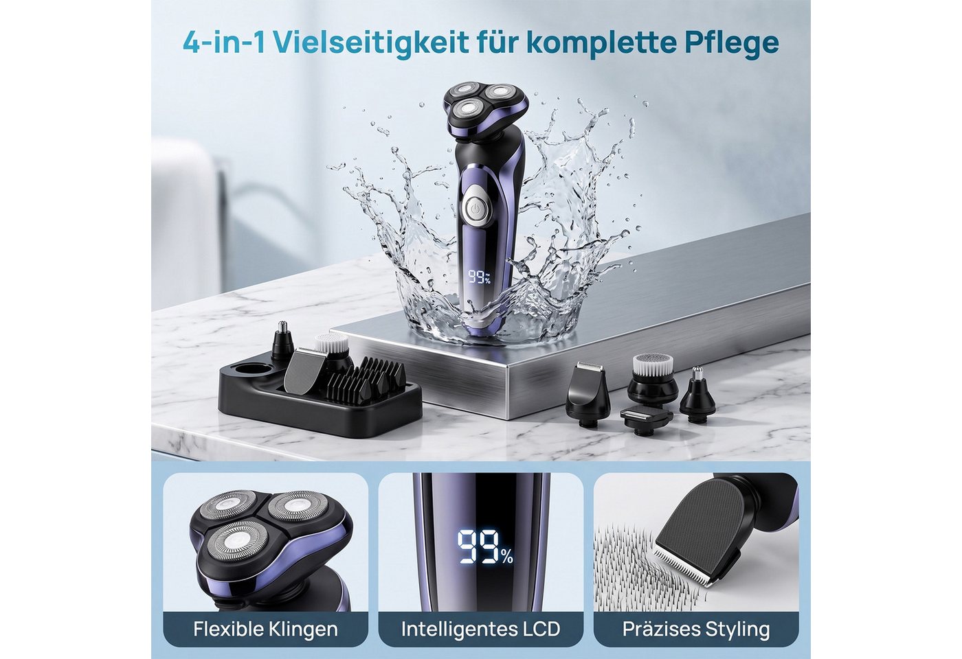 AKKEE Elektrorasierer 4-In-1 Elektrischer Rasierapparat Nass- und Trockenrasierer IPX7, USB Charge Station, 99-120Min Laufzeit, LCD-Display