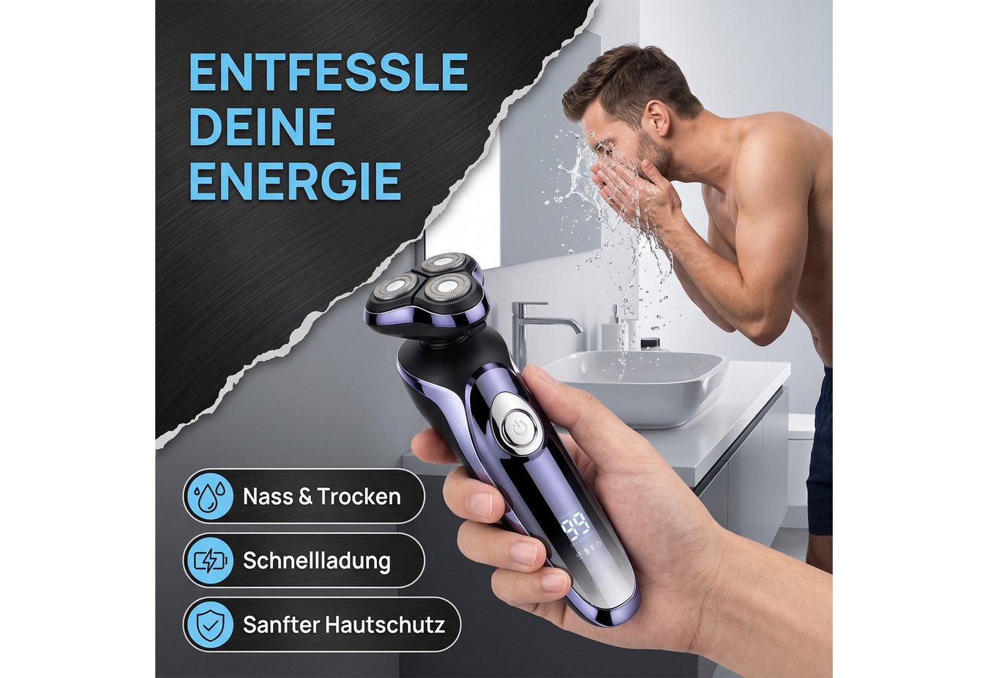 AKKEE Elektrorasierer 4-In-1 Elektrischer Rasierapparat Nass- und Trockenrasierer IPX7, USB Charge Station, 99-120Min Laufzeit, LCD-Display Bild 2