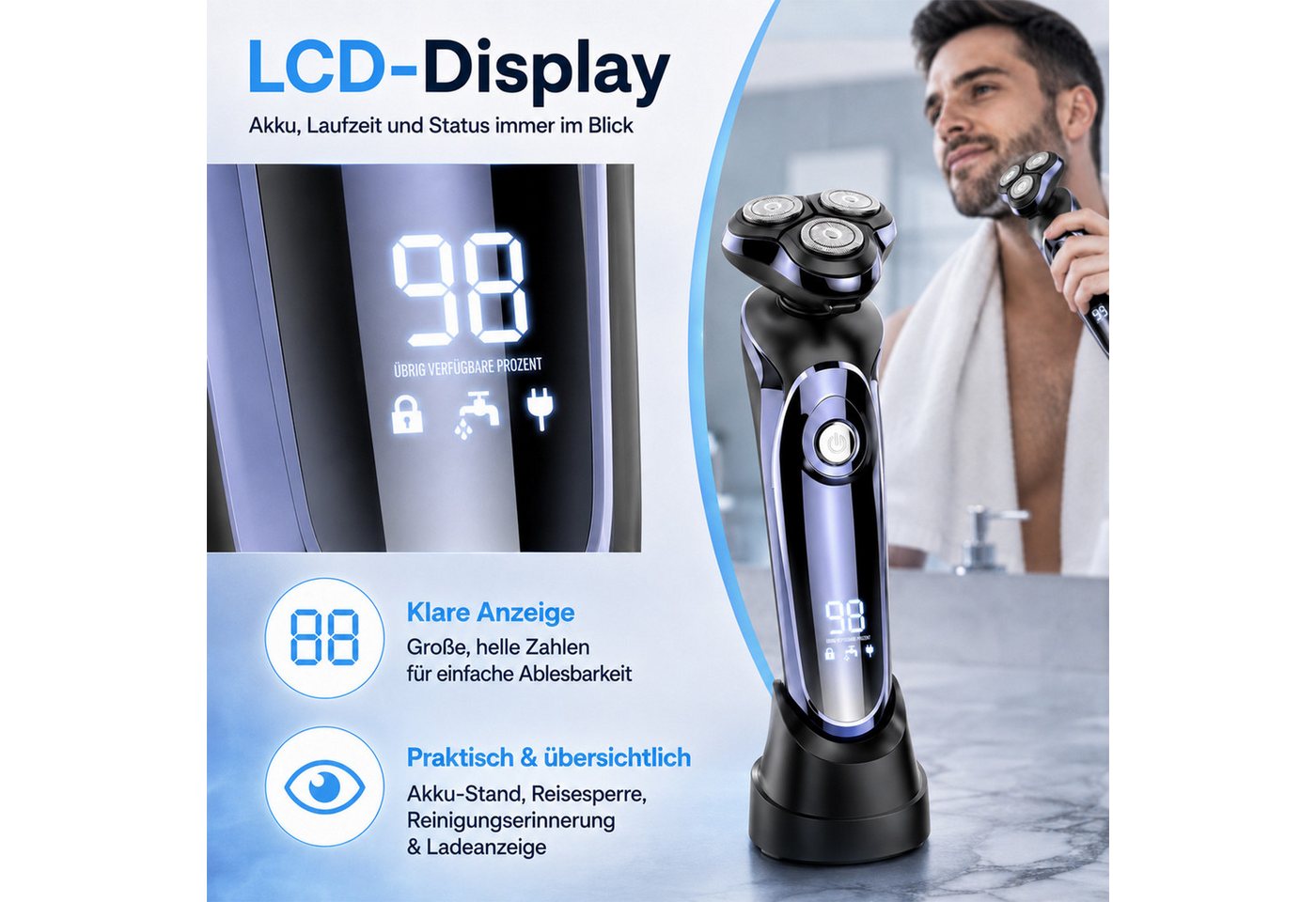 AKKEE Elektrorasierer 4-In-1 Elektrischer Rasierapparat Nass- und Trockenrasierer IPX7, USB Charge Station, 99-120Min Laufzeit, LCD-Display Bild 5