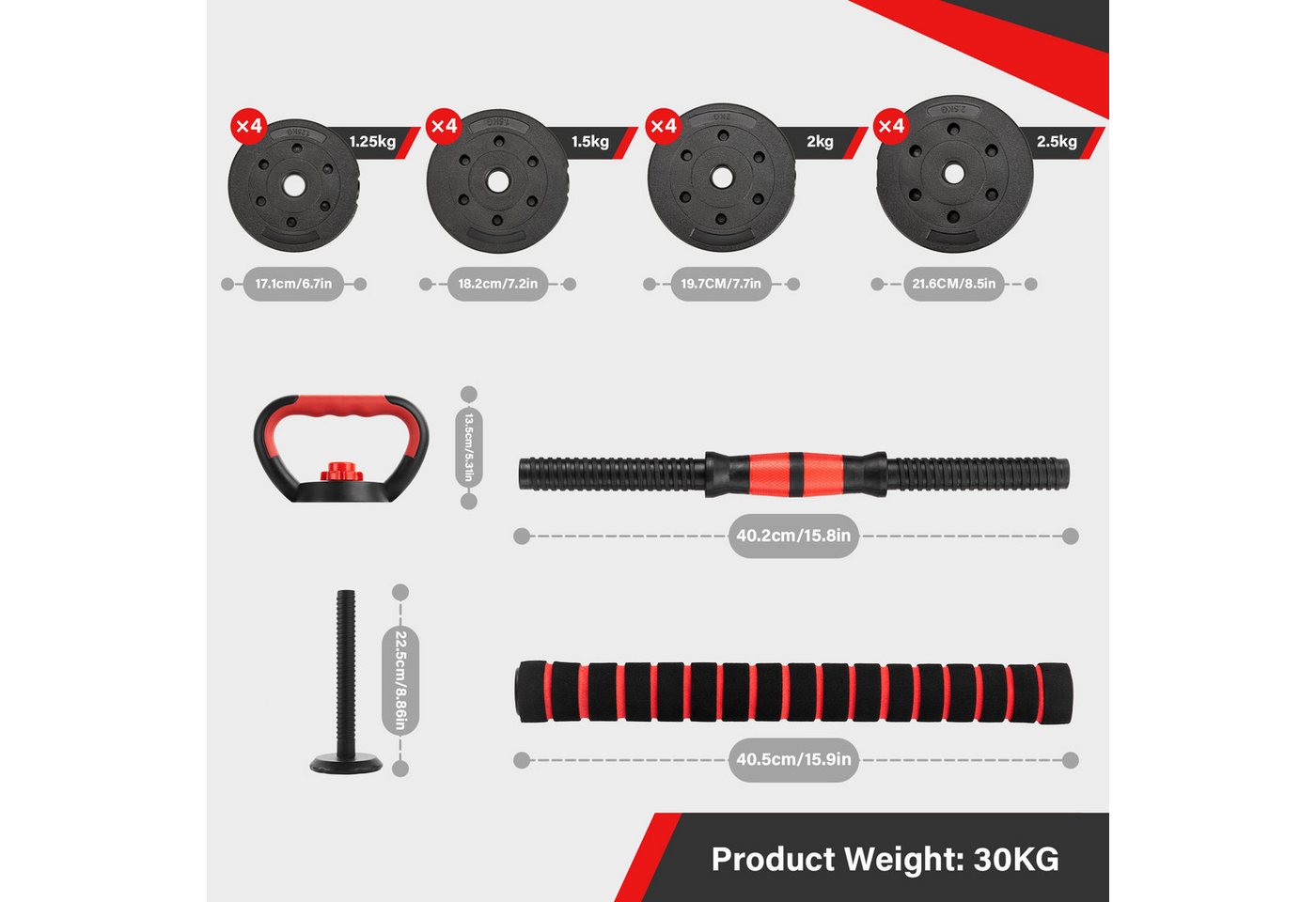 TEENO Hantel-Set 6‑in‑1‑Hantel‑Set für Heim‑Fitness, Verstellbare Gewichte, 30 kg, mit Kugelhanteln, Langhanteln, Liegestütz-Rack Bild 2