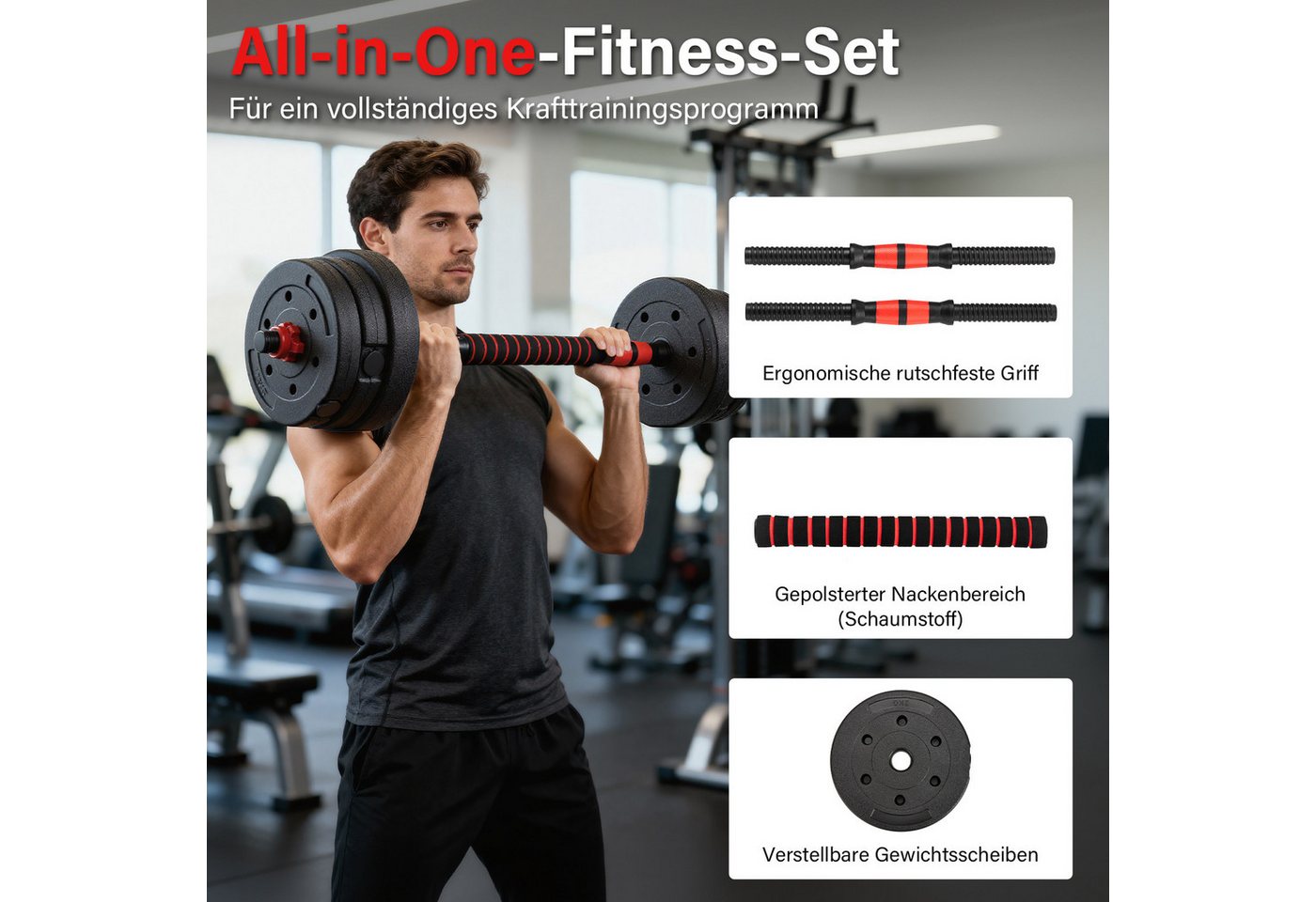 TEENO Hantel-Set 6‑in‑1‑Hantel‑Set für Heim‑Fitness, Verstellbare Gewichte, 30 kg, mit Kugelhanteln, Langhanteln, Liegestütz-Rack Bild 3