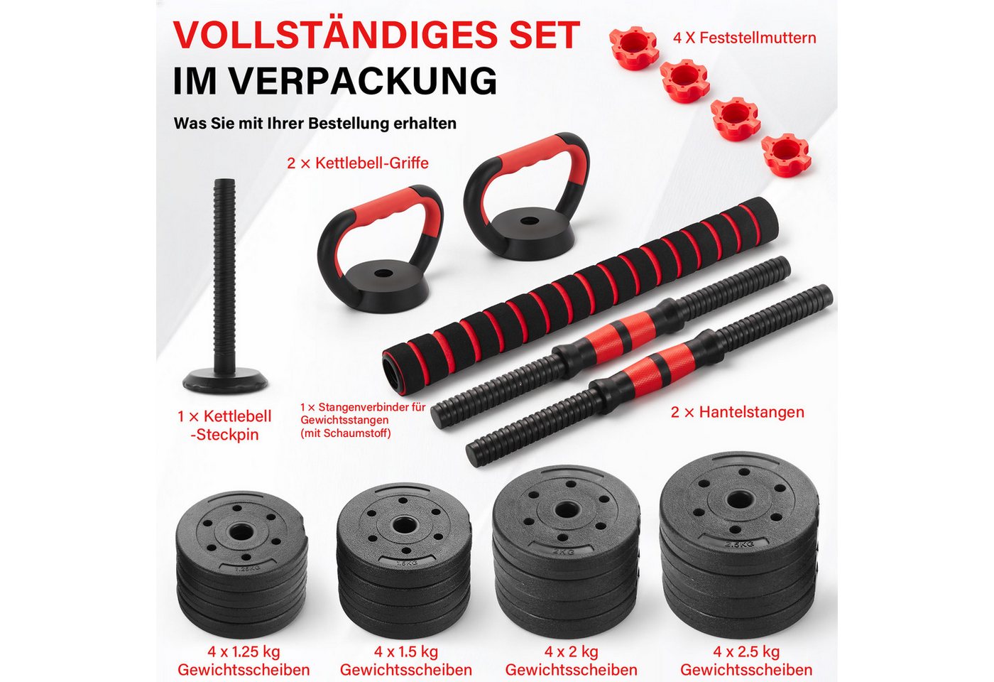 TEENO Hantel-Set 6‑in‑1‑Hantel‑Set für Heim‑Fitness, Verstellbare Gewichte, 30 kg, mit Kugelhanteln, Langhanteln, Liegestütz-Rack Bild 4