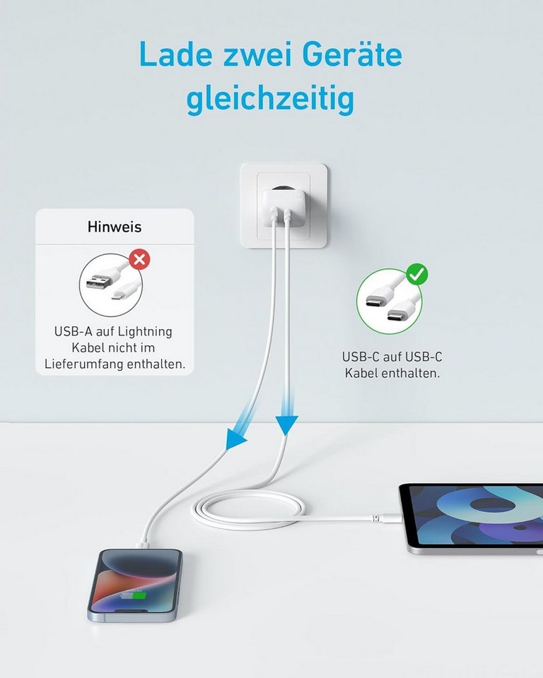 Anker Anker 20W USB-C-Ladegerät, Doppelpack, 2-Port, PD-Schnellladegerät USB-Ladegerät (2-tlg., iPhone 17/16/15 Serie, Galaxy, iPad und mehr, inkl) Bild 4
