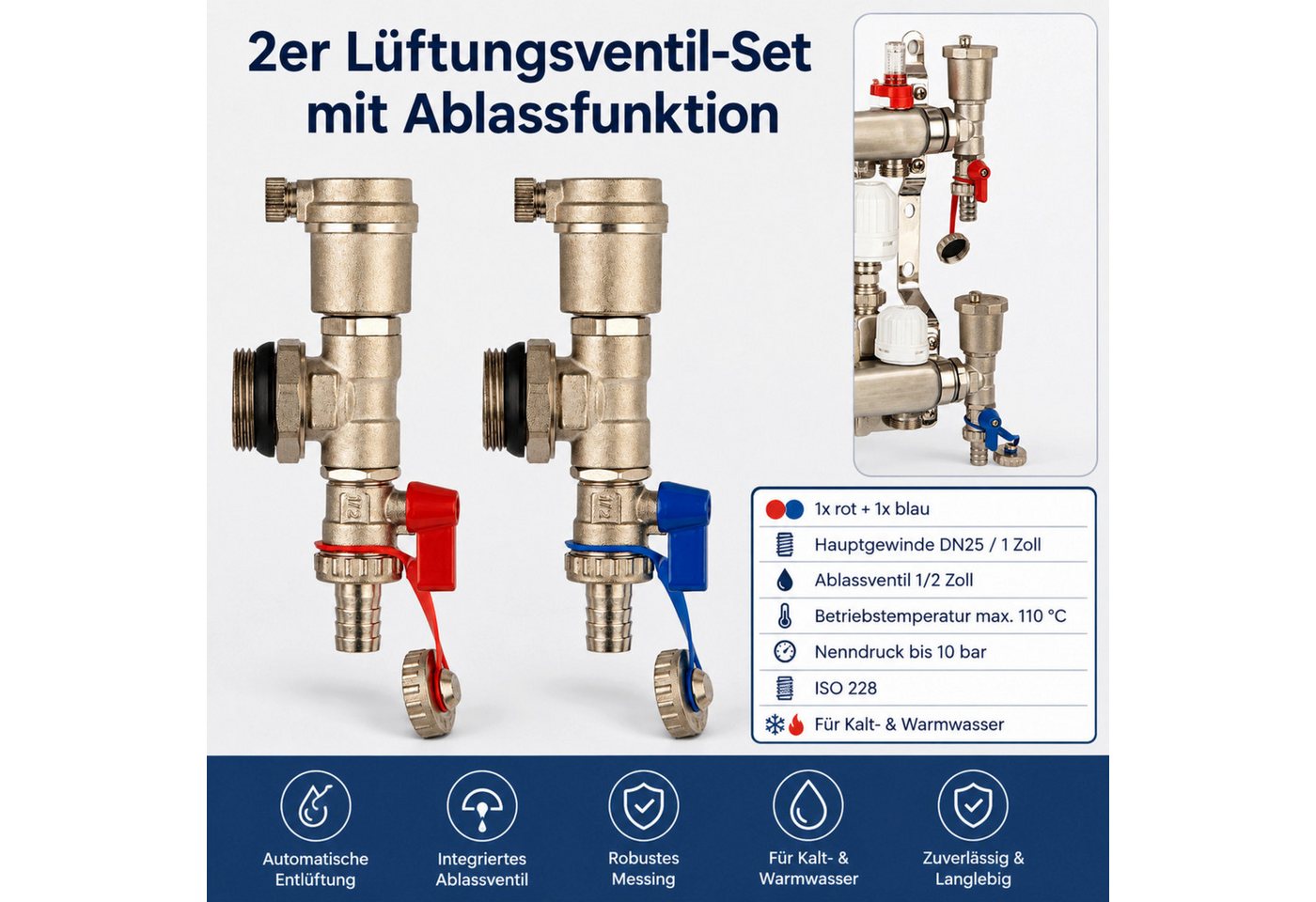 ART OF BAAN Heizkreisverteiler Lüftungsventil-Set Messing DN25 1 Zoll Ablassfunktion Heizkreisvertert Bild 2