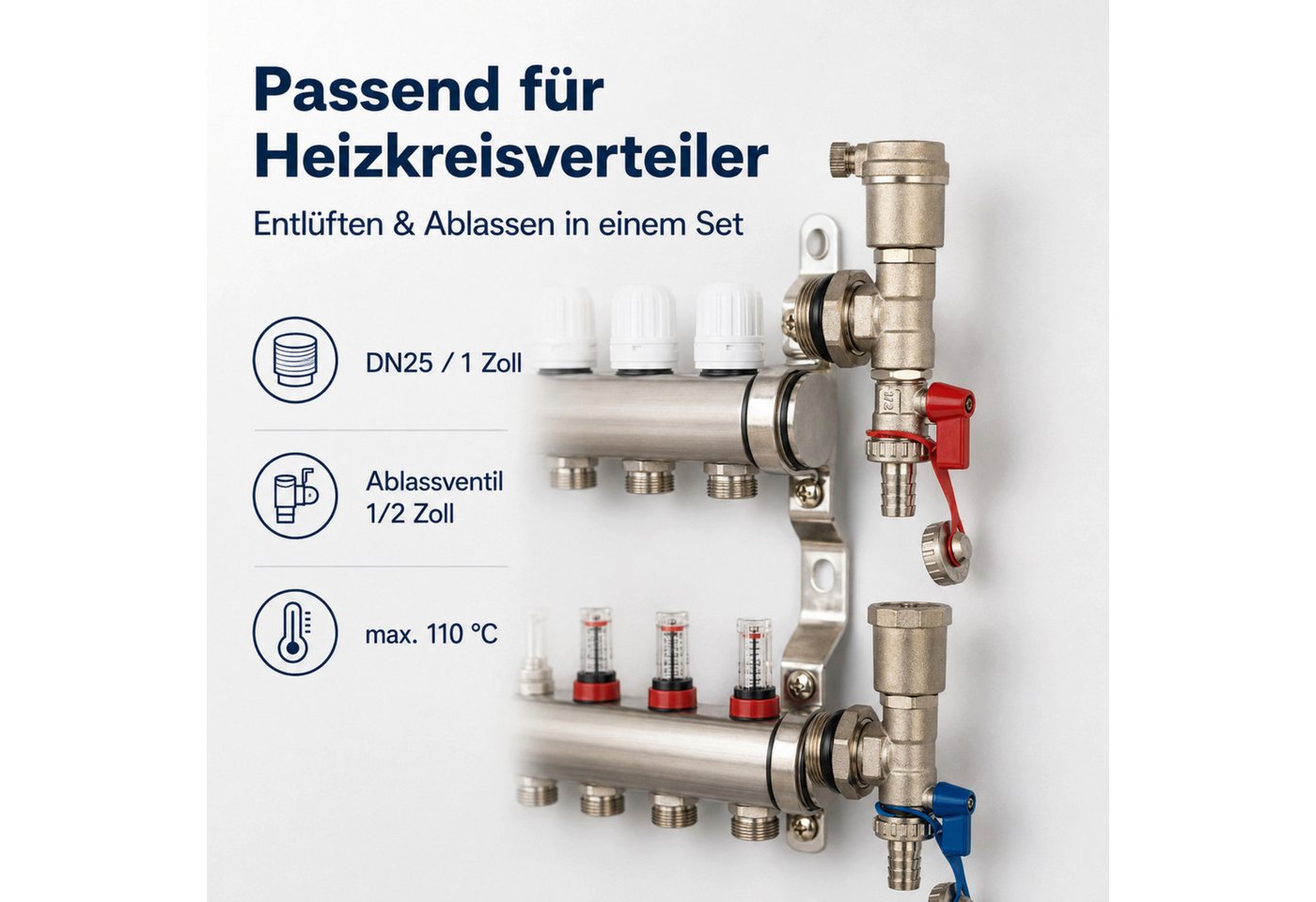 ART OF BAAN Heizkreisverteiler Lüftungsventil-Set Messing DN25 1 Zoll Ablassfunktion Heizkreisvertert Bild 3