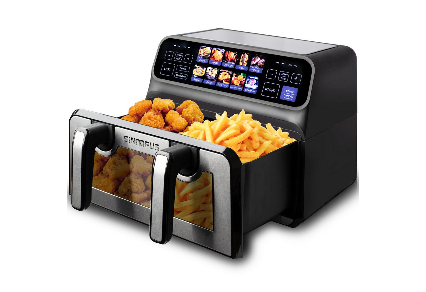 Sinaopus Heißluftfritteuse 9L, 2200W Doppelkammer-Airfryer mit Farb-LED, Sichtfenster & 10 Programmen, 2200 W, 9L Airfryer mit 2×4,5L Körben, 50–200 °C, Timer & Innenlicht Bild 3