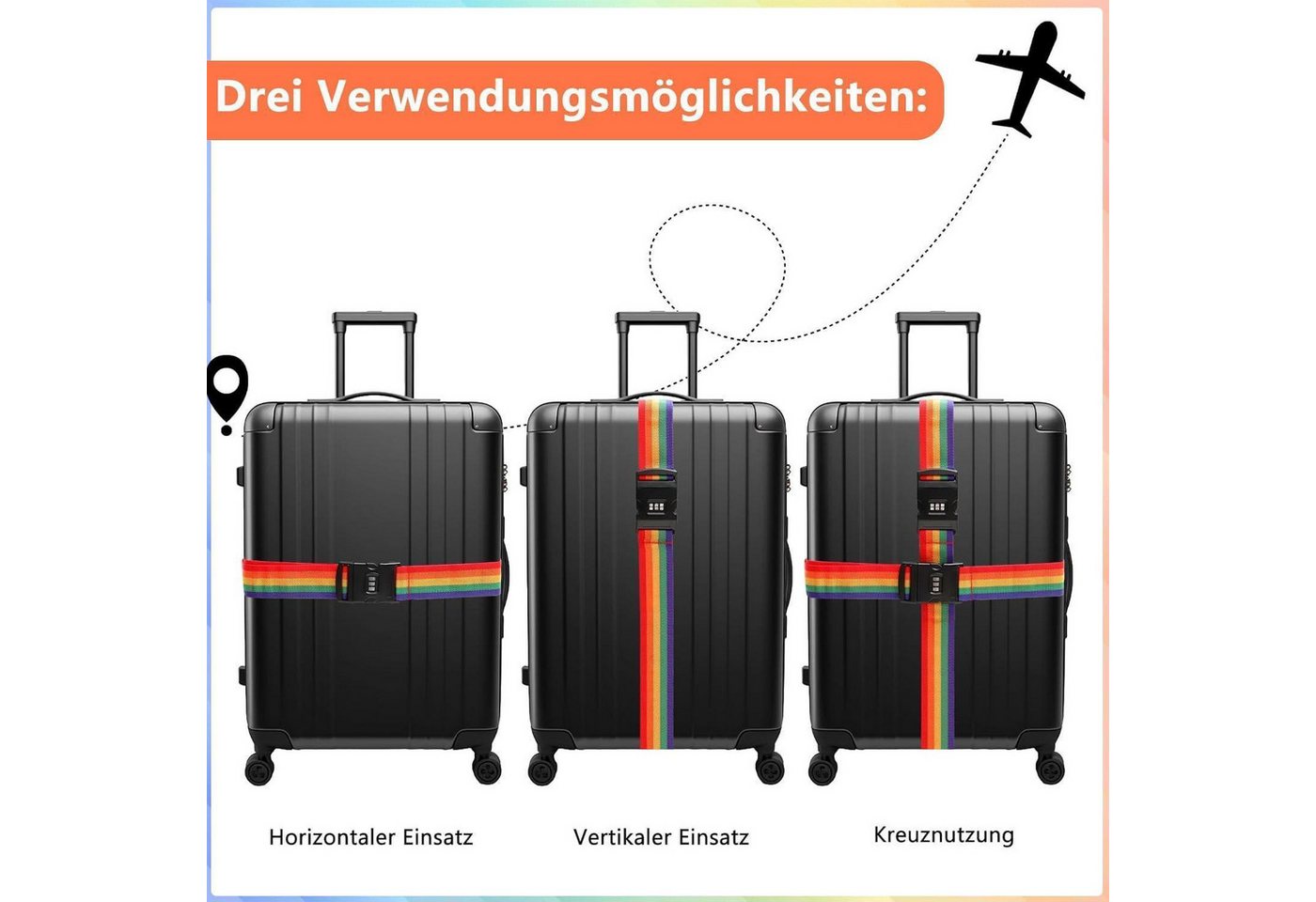 LuxusKollektion Koffergurt Koffergurt 2 Stk 2m 5cm Kofferband Zahlenschloss Regenbogen Beige Bild 5