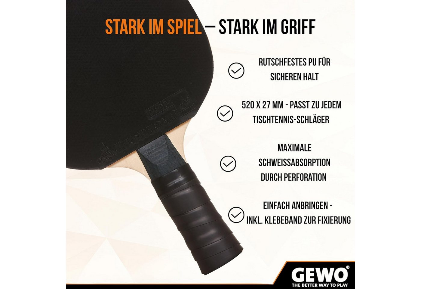 Gewo Tischtennisschläger Tischtennis Griffband – Selbstklebend Grip Tape, 27*520mm, schwarz Bild 3