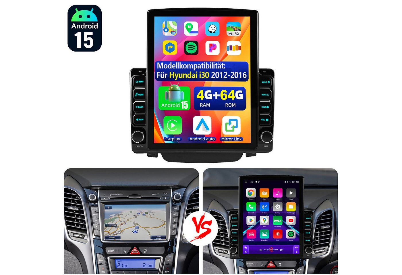 ESSGOO 9.7" DAB+ CarPlay Android 15 Für Hyundai i30 2012-2016 Autoradio WIFI Autoradio (RDS, 4+64GB(optional), Digitalradio (DAB), FM, Carplay Android Auto Bluetooth EQ USB GPS Navi WIFI Touchscreen) Bild 4