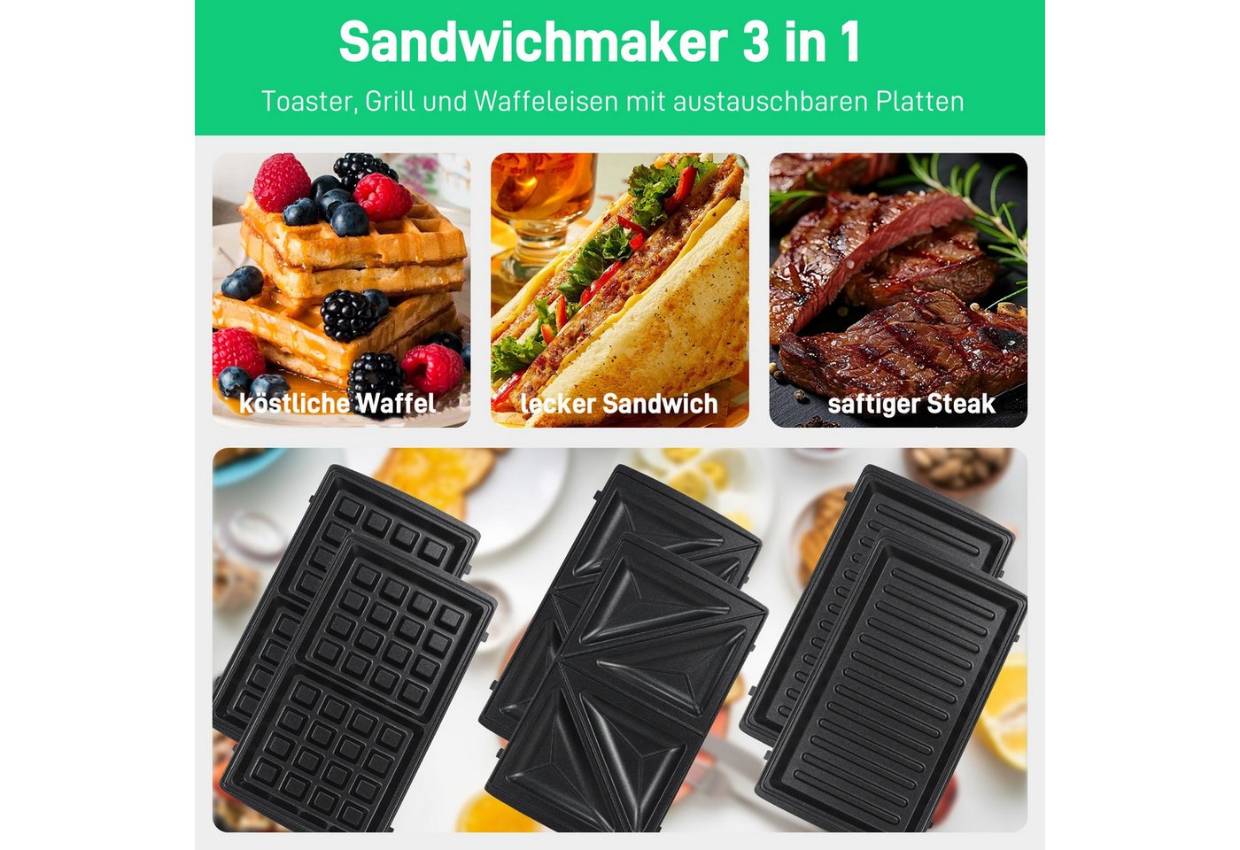 OZAVO 3-in-1-Sandwichmaker Waffeleisen & Kontaktgrill mit abnehmbare Antihaftbeschichtete Platten, 750 W, gleichmäßiges Aufheizen, kompakte Aufbewahrung