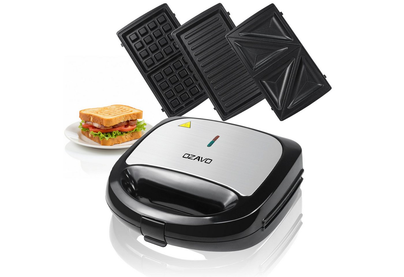 OZAVO 3-in-1-Sandwichmaker Waffeleisen & Kontaktgrill mit abnehmbare Antihaftbeschichtete Platten, 750 W, gleichmäßiges Aufheizen, kompakte Aufbewahrung Bild 2