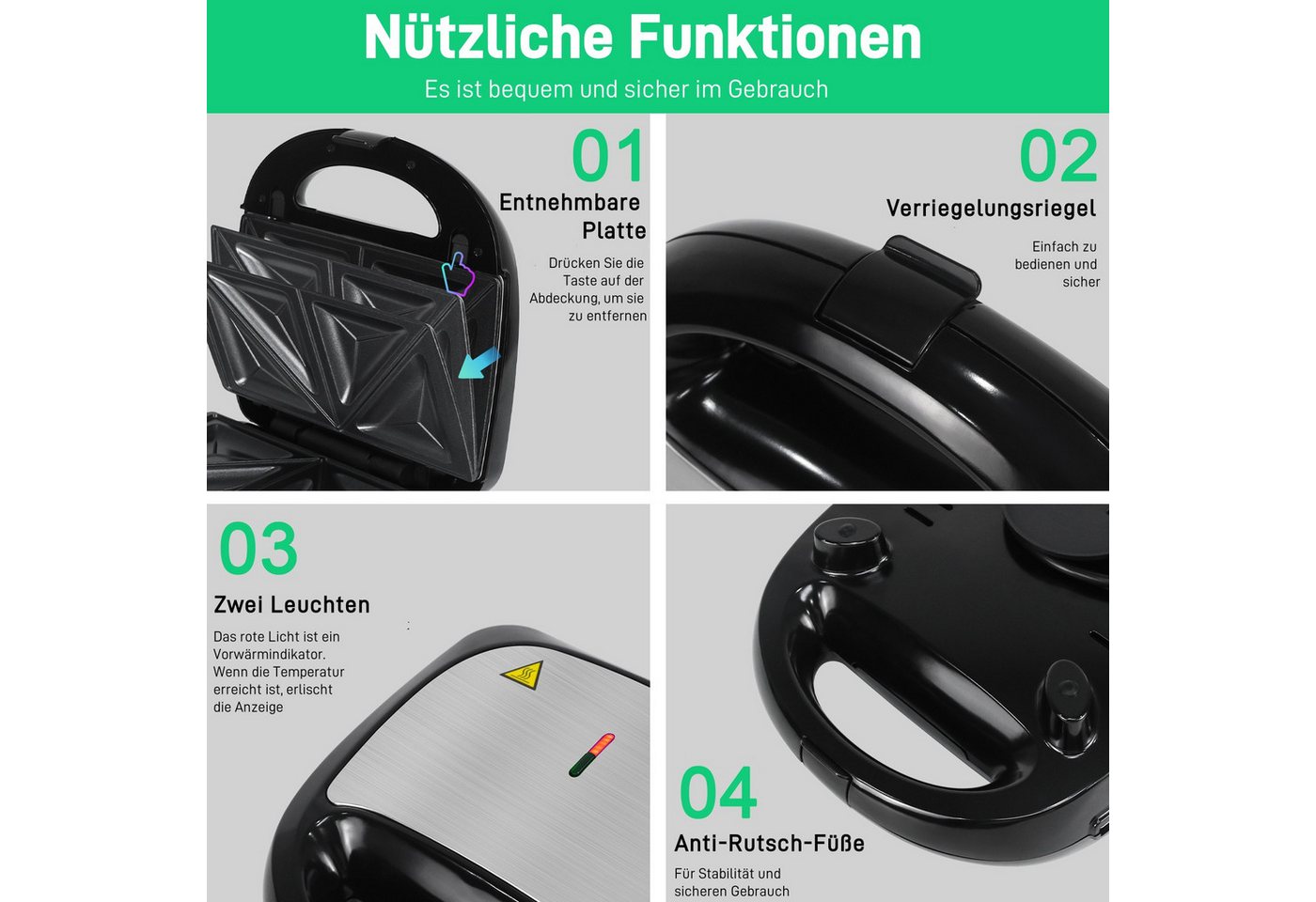 OZAVO 3-in-1-Sandwichmaker Waffeleisen & Kontaktgrill mit abnehmbare Antihaftbeschichtete Platten, 750 W, gleichmäßiges Aufheizen, kompakte Aufbewahrung Bild 4