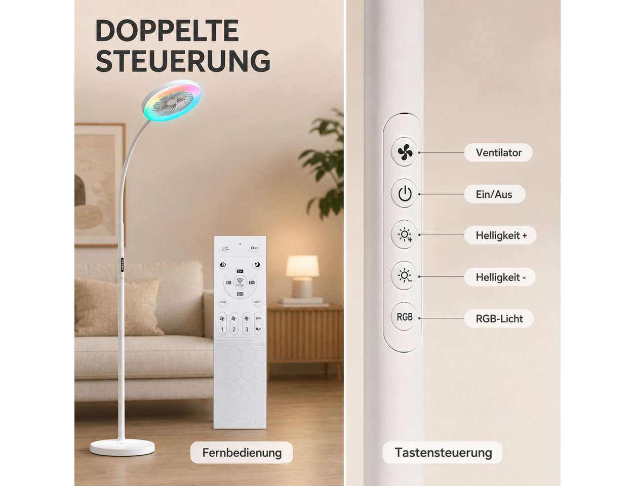 Lapamax Standventilator Ventilator & Stehlampe Wohnzimmer 2 in 1, 3 Windgeschwindigkeitsstufen, mit 3 Windstufen, flexiblem Hals, Dimmable, Timer