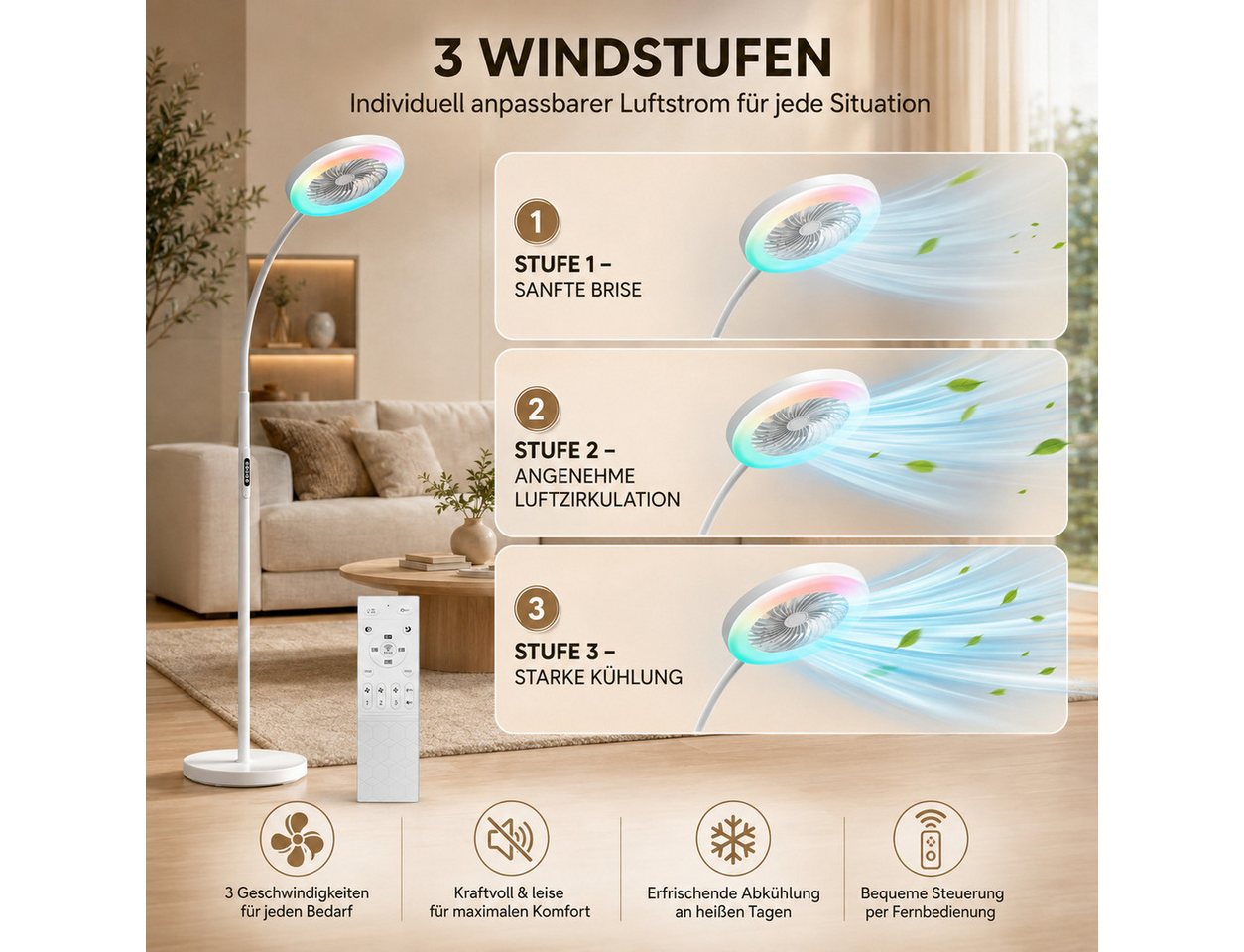 Lapamax Standventilator Ventilator & Stehlampe Wohnzimmer 2 in 1, 3 Windgeschwindigkeitsstufen, mit 3 Windstufen, flexiblem Hals, Dimmable, Timer Bild 2