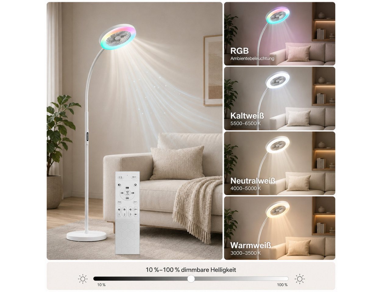 Lapamax Standventilator Ventilator & Stehlampe Wohnzimmer 2 in 1, 3 Windgeschwindigkeitsstufen, mit 3 Windstufen, flexiblem Hals, Dimmable, Timer Bild 4