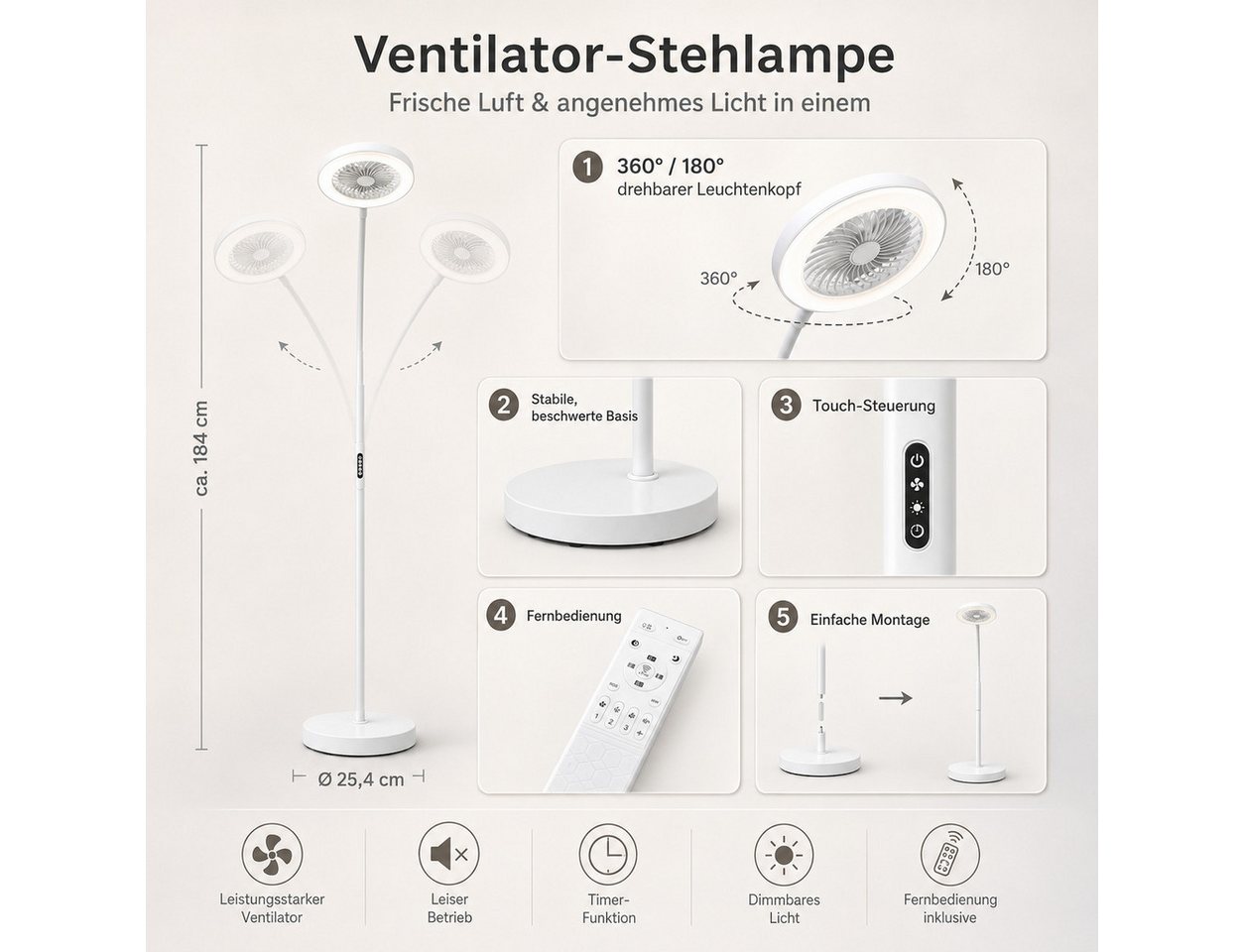 Lapamax Standventilator Ventilator & Stehlampe Wohnzimmer 2 in 1, 3 Windgeschwindigkeitsstufen, mit 3 Windstufen, flexiblem Hals, Dimmable, Timer Bild 5