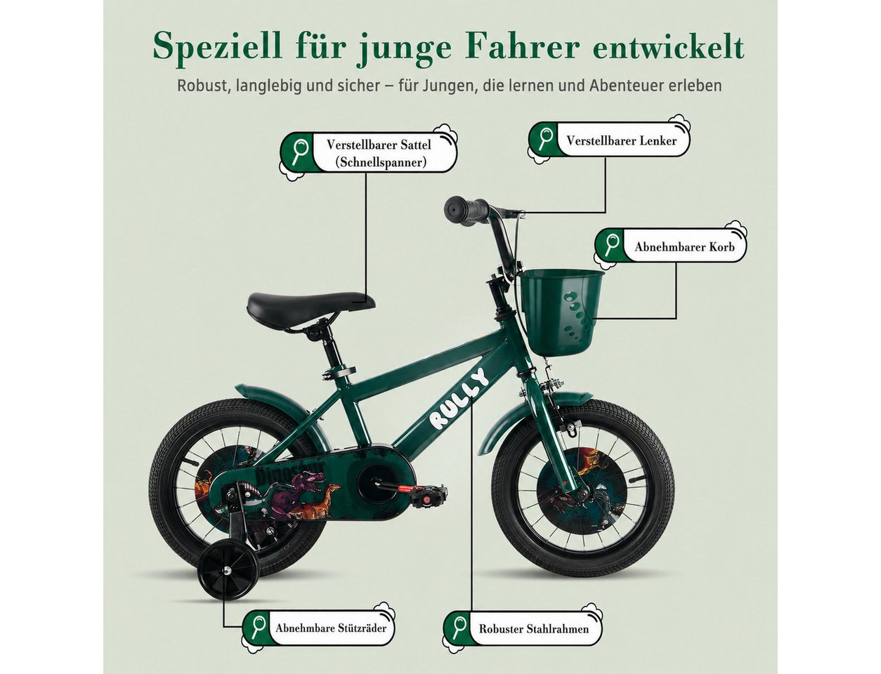 RULLY Kinderfahrrad Kinderfahrrad Jungen 12/14/16 Zoll für 2–7 Jahre, 1 Gang, Mit Stützrädern, Schutzblechen, Klingel und Korb Bild 2
