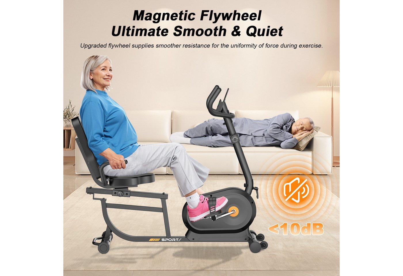 Gywowken Liege-Heimtrainer Liegeheimtrainer, 16 Stufen magnetischer Widerstand, LCD Display mit Pulsmessung, verstellbarer Sitz & Rückenlehne