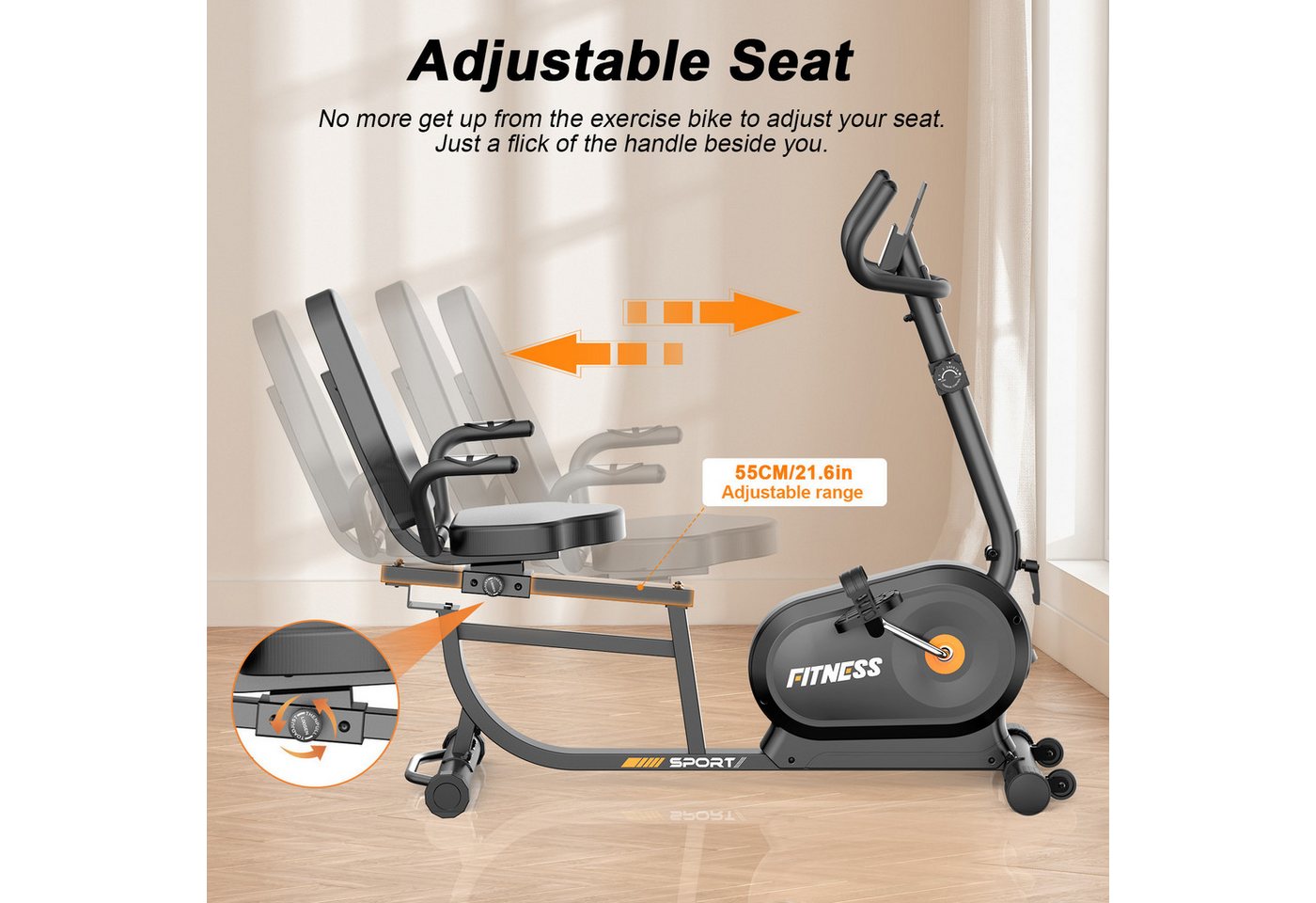 Gywowken Liege-Heimtrainer Liegeheimtrainer, 16 Stufen magnetischer Widerstand, LCD Display mit Pulsmessung, verstellbarer Sitz & Rückenlehne Bild 5
