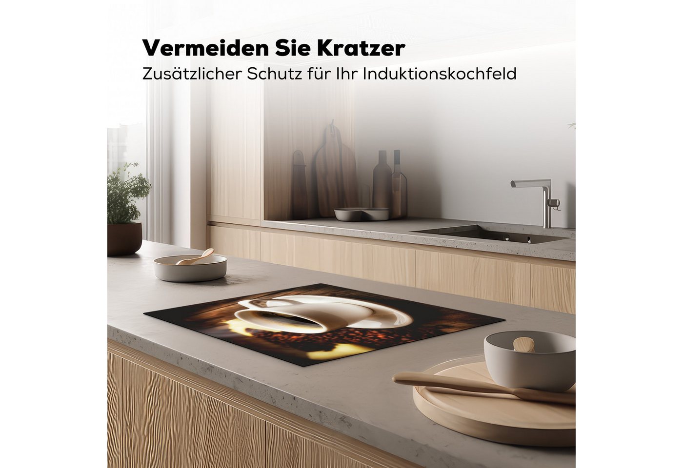 MuchoWow Herd-Abdeckplatte Eine heiße Tasse Kaffee mit Kaffeebohnen, Vinyl, (1 tlg), Abdeckung Induktionskochfeld Schutzmatte, Küche Deko, 65x52 cm Bild 3