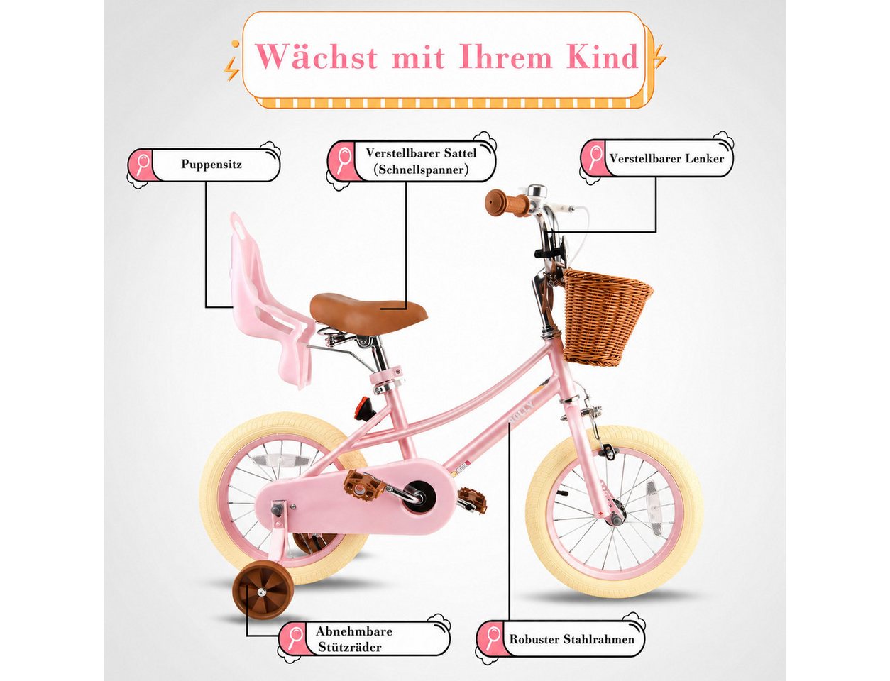 Vankel Kinderfahrrad für Mädchen, 12–20 Zoll, ab 2 jahre, 1 Gang, Mit Korb, Puppensitz und Stützrädern Bild 5