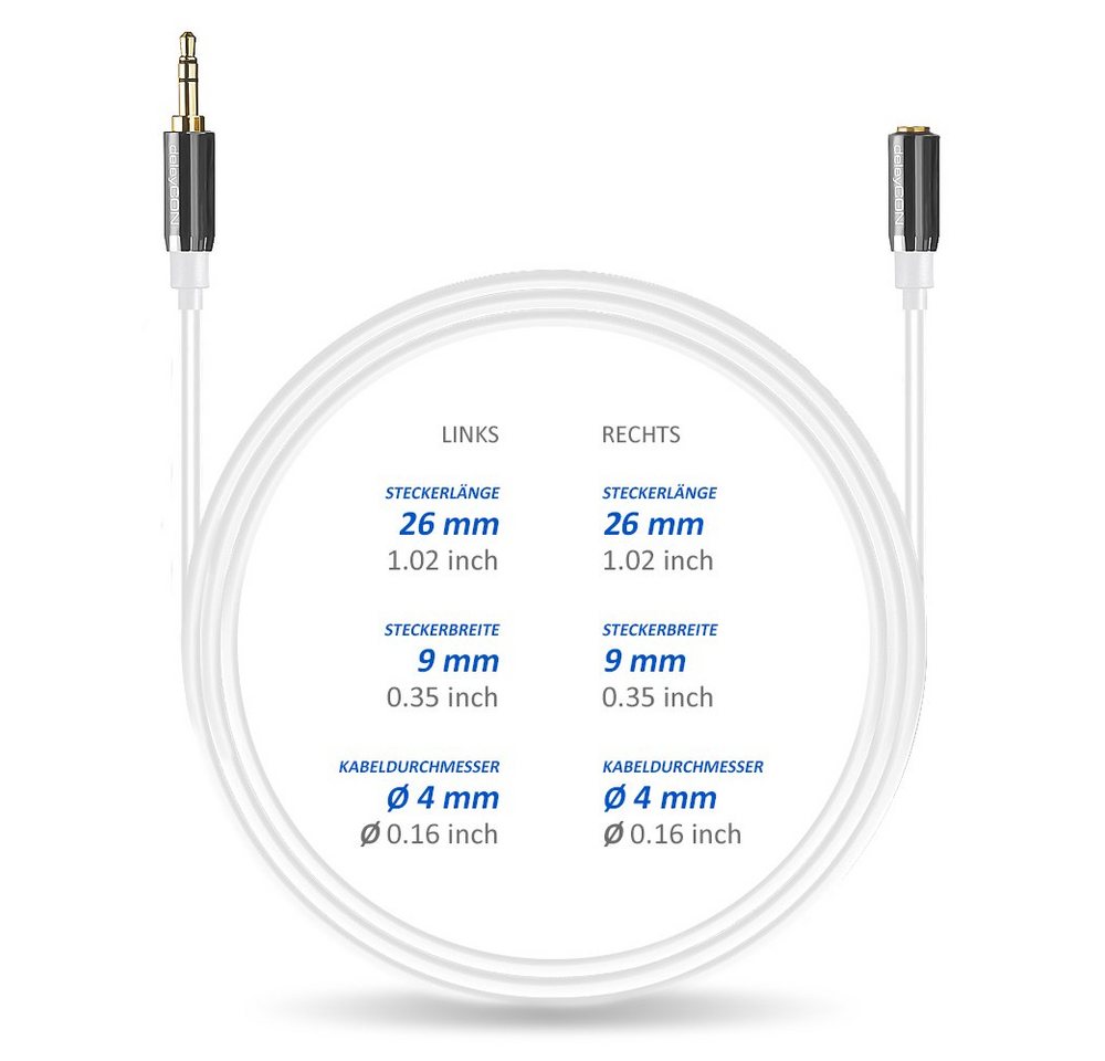 deleyCON deleyCON 3m Klinkenverlängerungskabel weiß 3,5mm Stecker zu Buchse Audio-Kabel