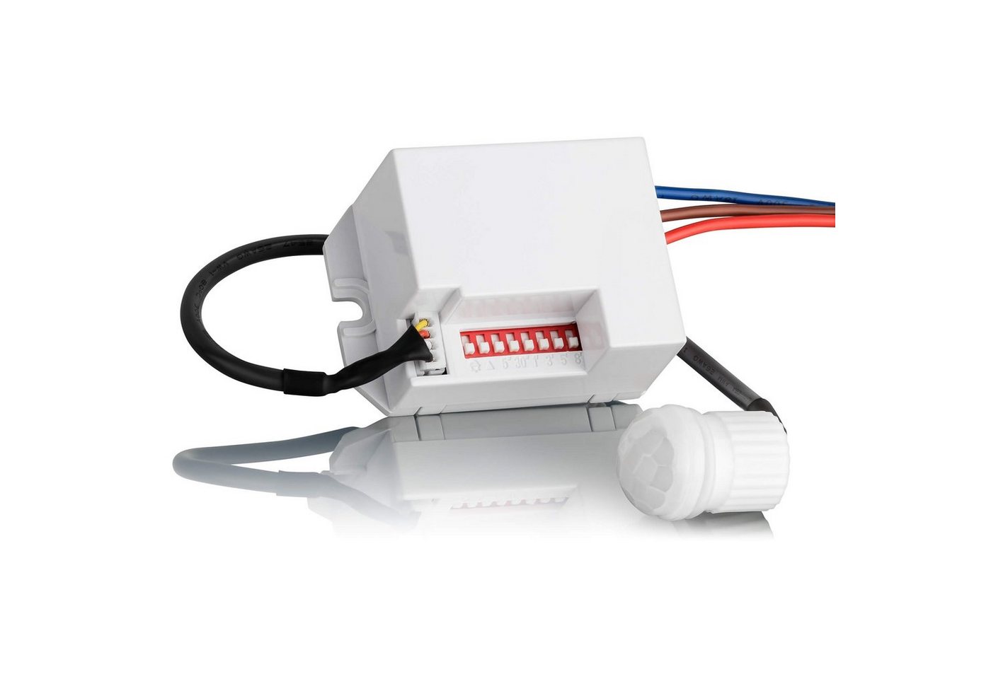 SEBSON Bewegungsmelder Mini Einbau Infrarot Sensor - Programmierbar, Reichweite 6m / 360°, (1-St), LED geeignet 400W, 3 Draht, Schalter 56x37x26mm, Sensor Ø18x25mm